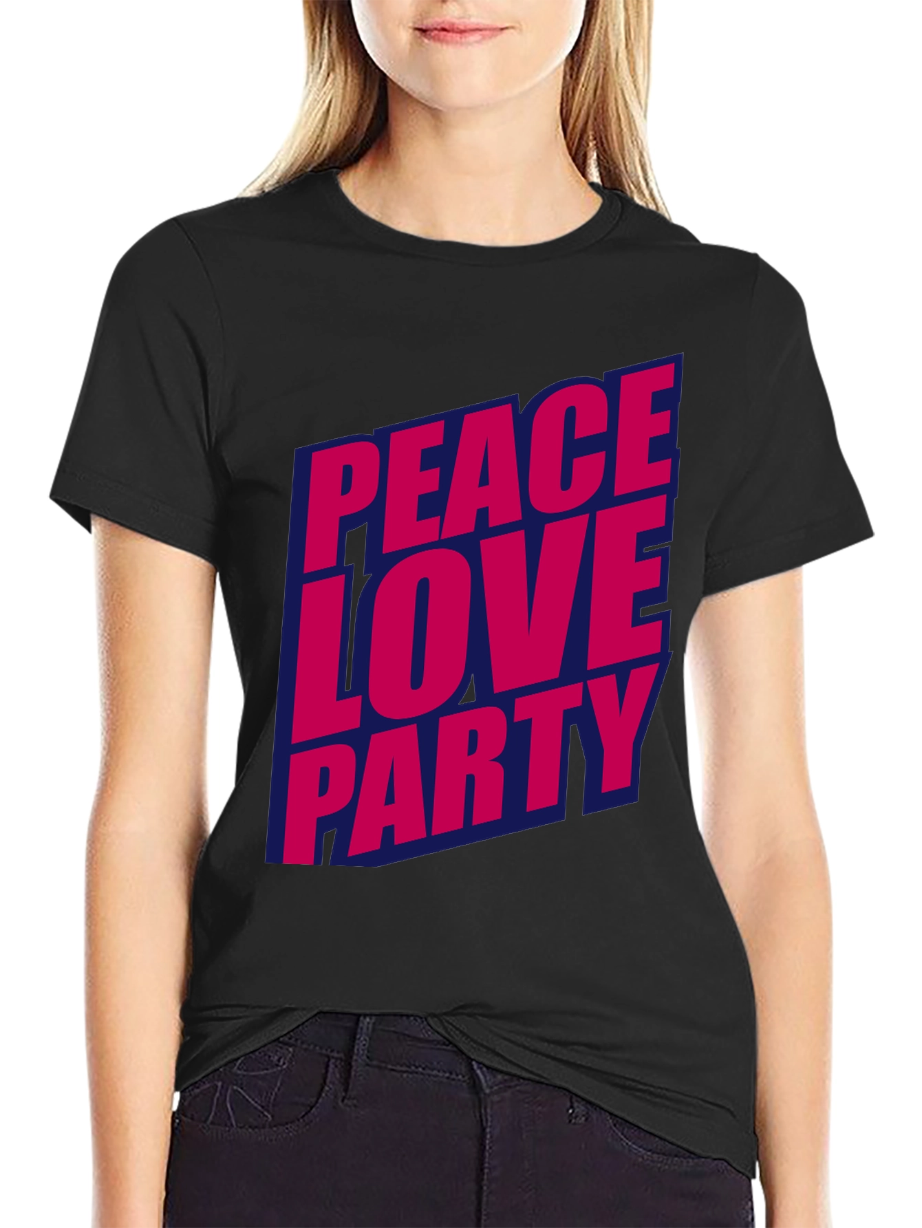Black Peace Love Party Graphic Tee - Stylish Crew Neck T-Shirt view 2