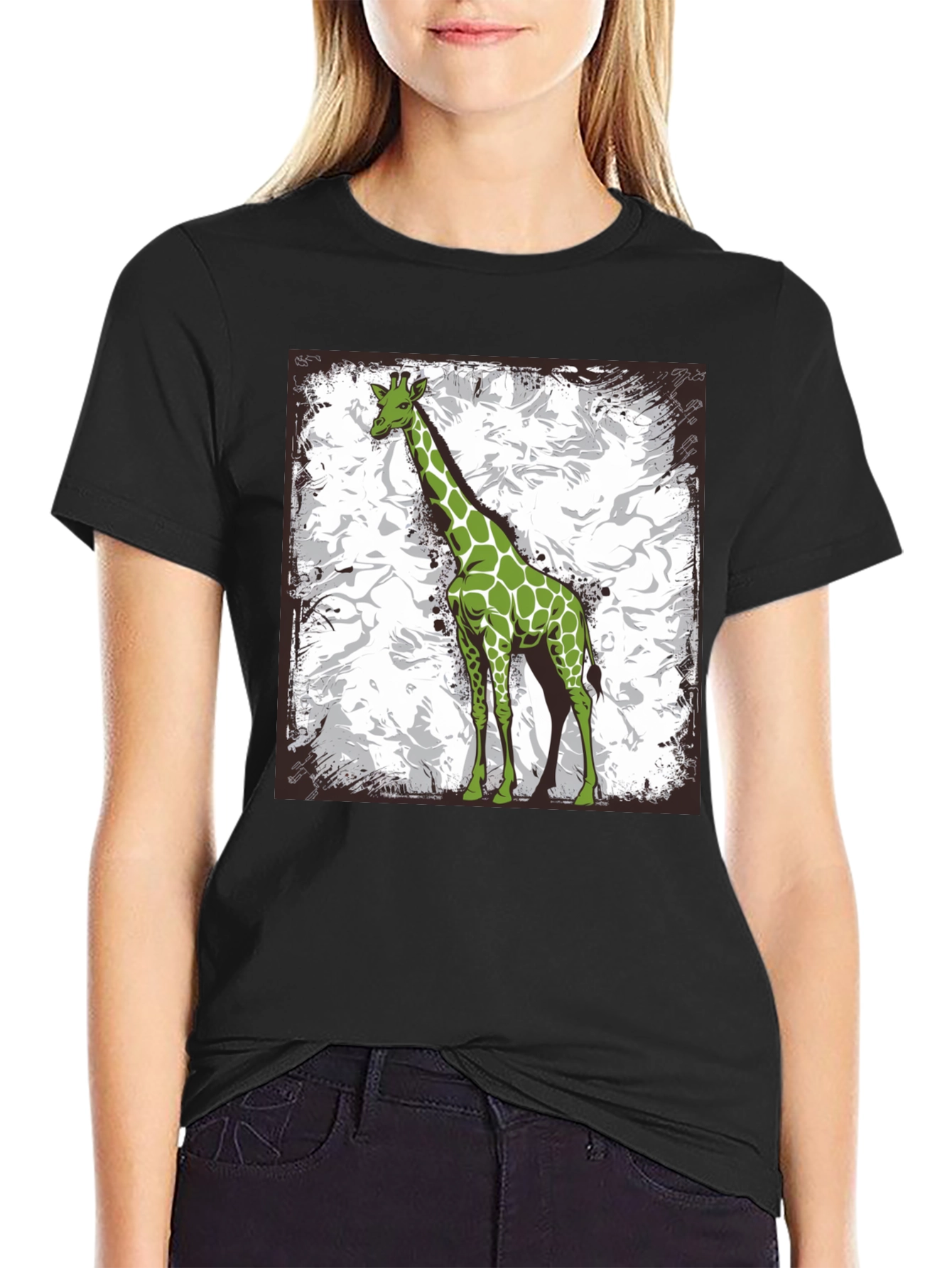 Black Green Giraffe Graphic Tee - Stylish Animal Print Shirt view 2