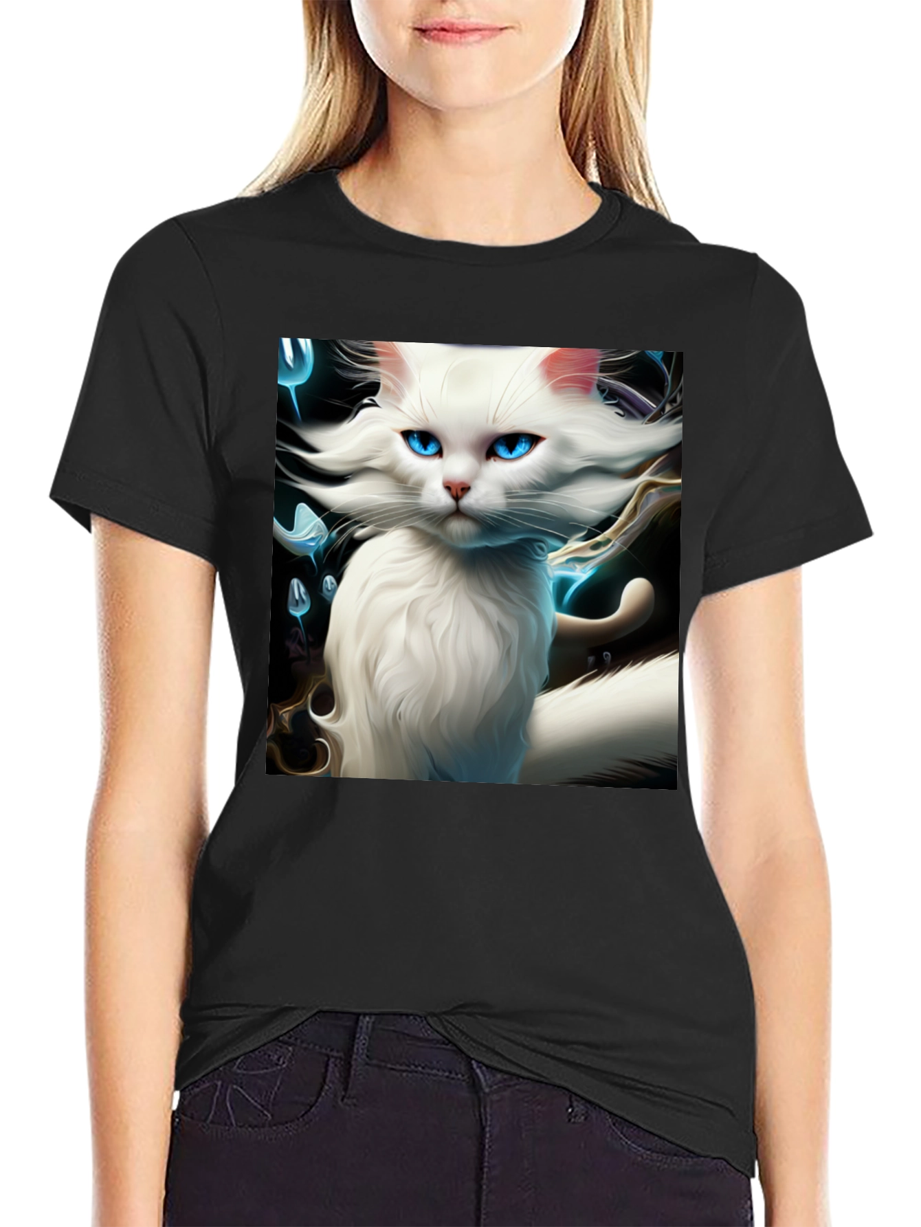 Black Cat Art Graphic Tee - Black Cotton Blend view 2