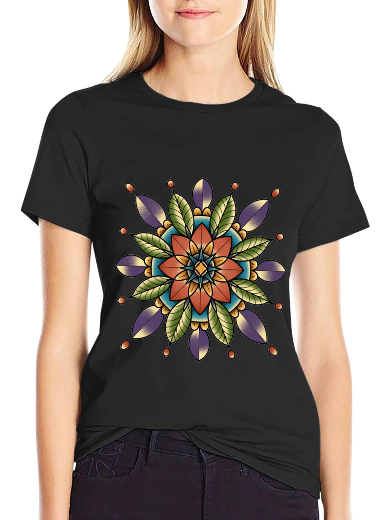 Black Geometric Mandala Print Black T-Shirt view 2