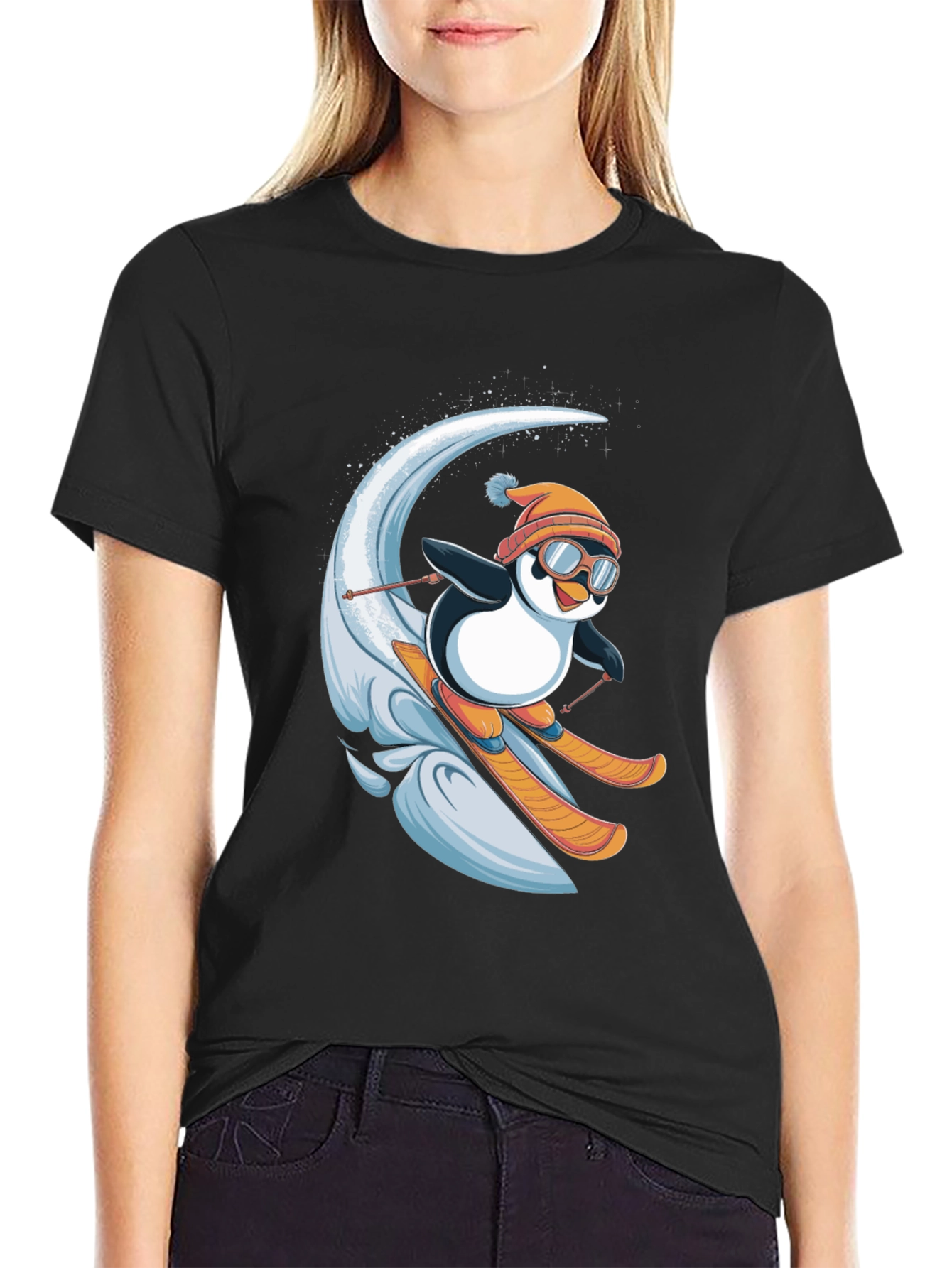 Black Skiing Penguin Graphic T-Shirt - Fun Winter Apparel view 2