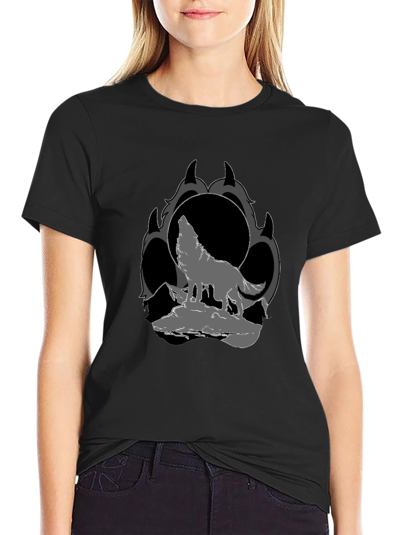 Black Wolf Howling at Moon Graphic T-Shirt view 2