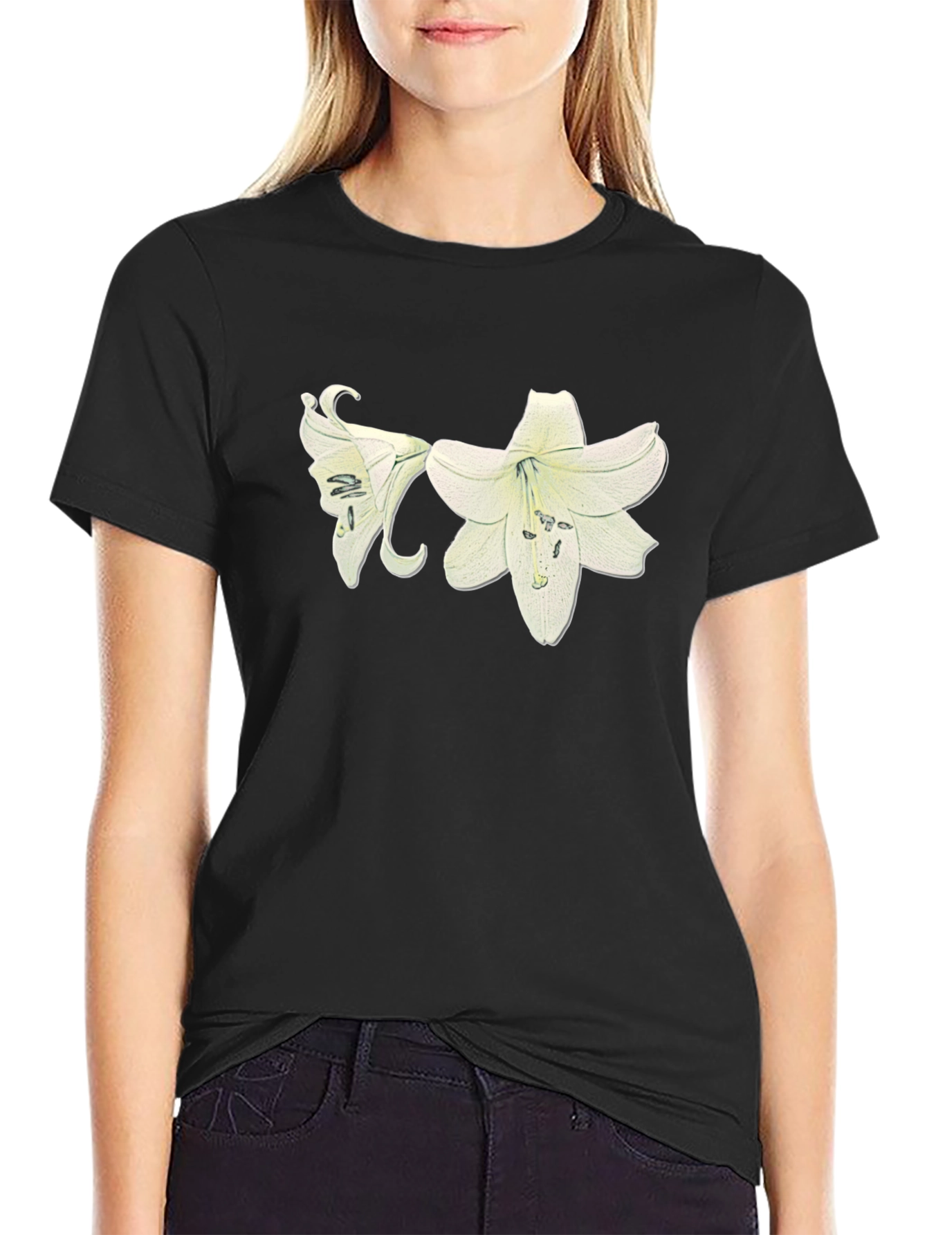 Black Lily Flower Graphic Black T-Shirt view 2
