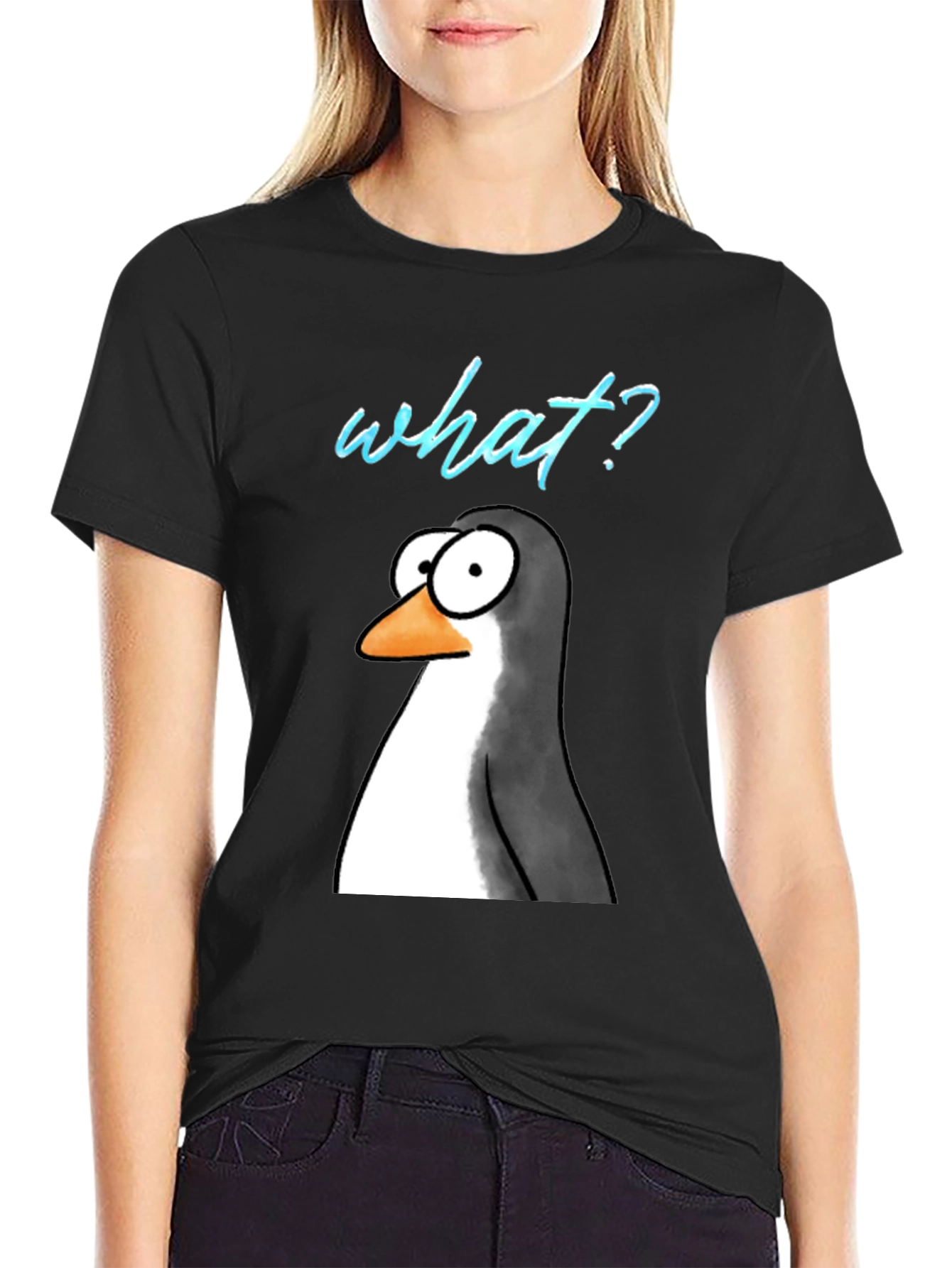 Black Funny Penguin What? Graphic T-Shirt view 2