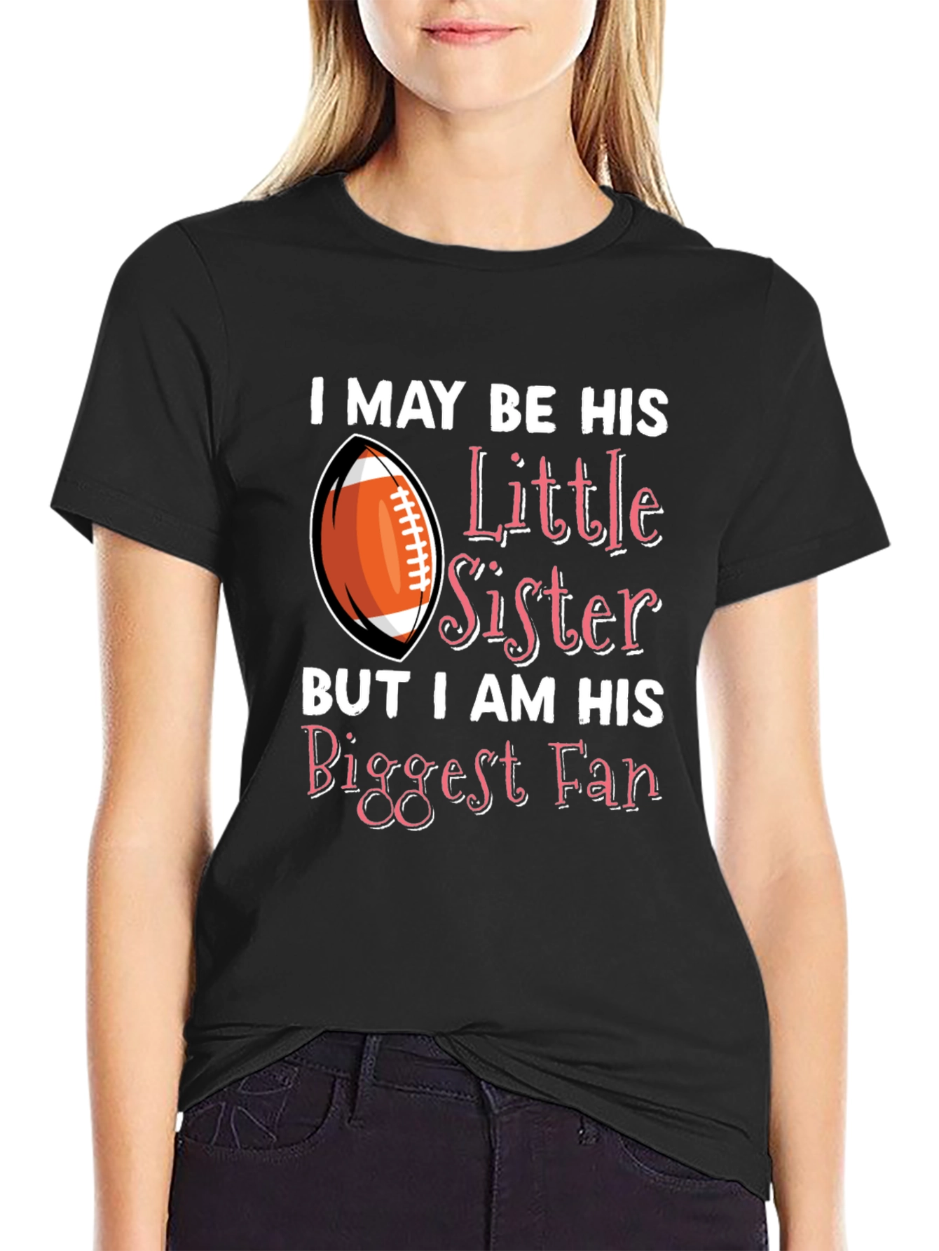 Black Little Sister Biggest Fan Football T-Shirt view 2