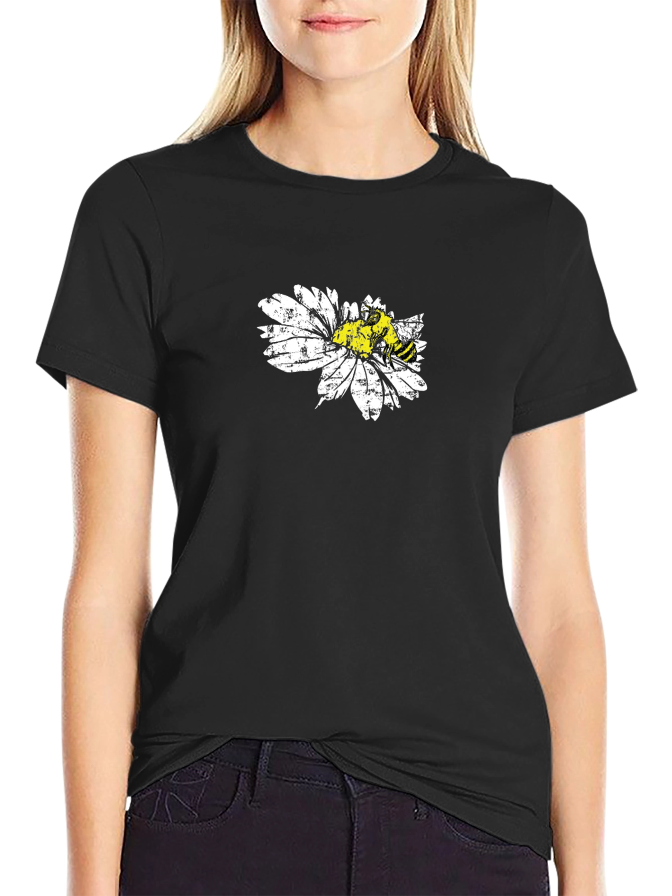 Black Bee on Daisy Black T-Shirt Graphic Tee view 2