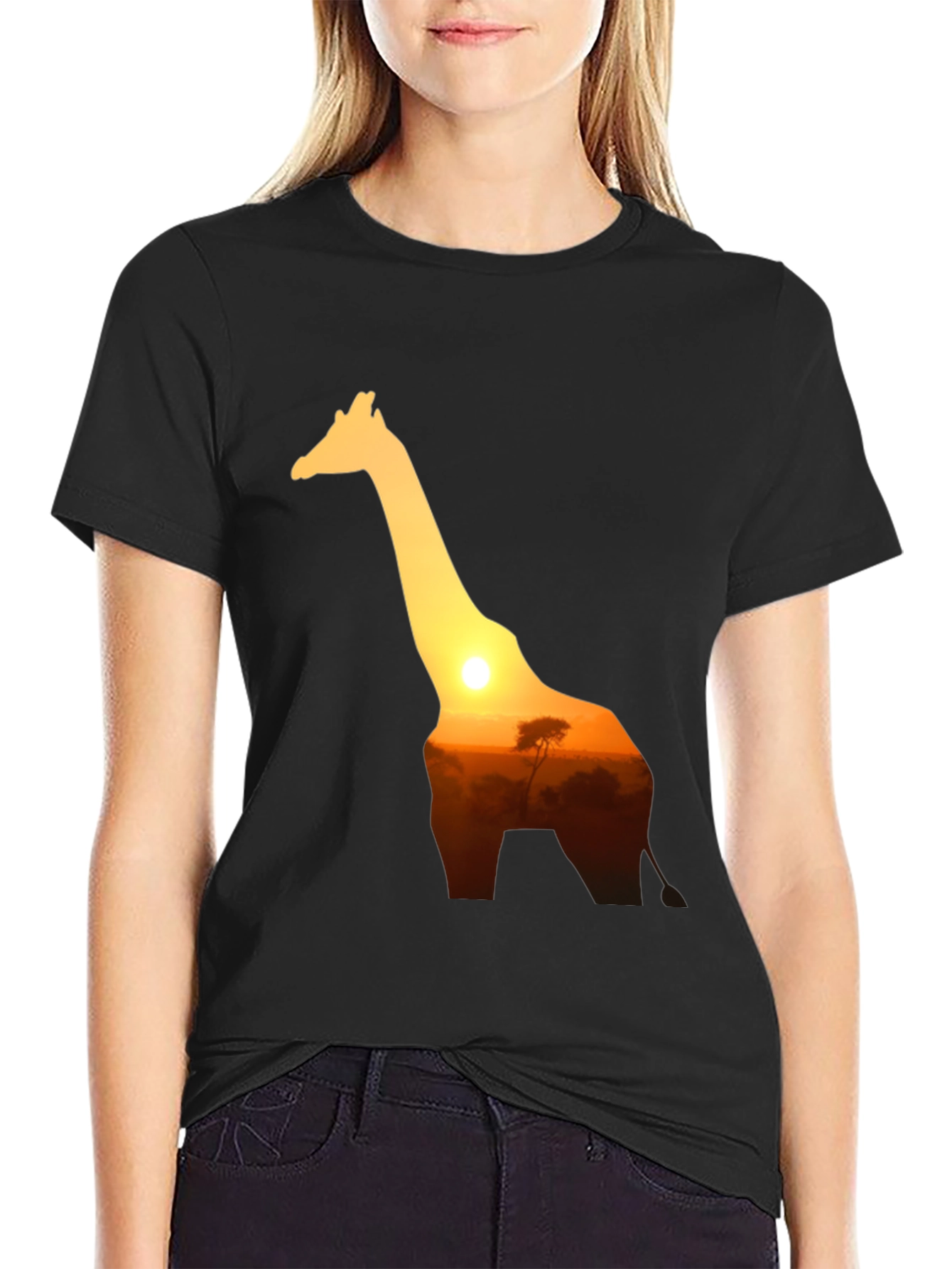 Black Giraffe Sunset Graphic Tee - Black Cotton T-Shirt view 2