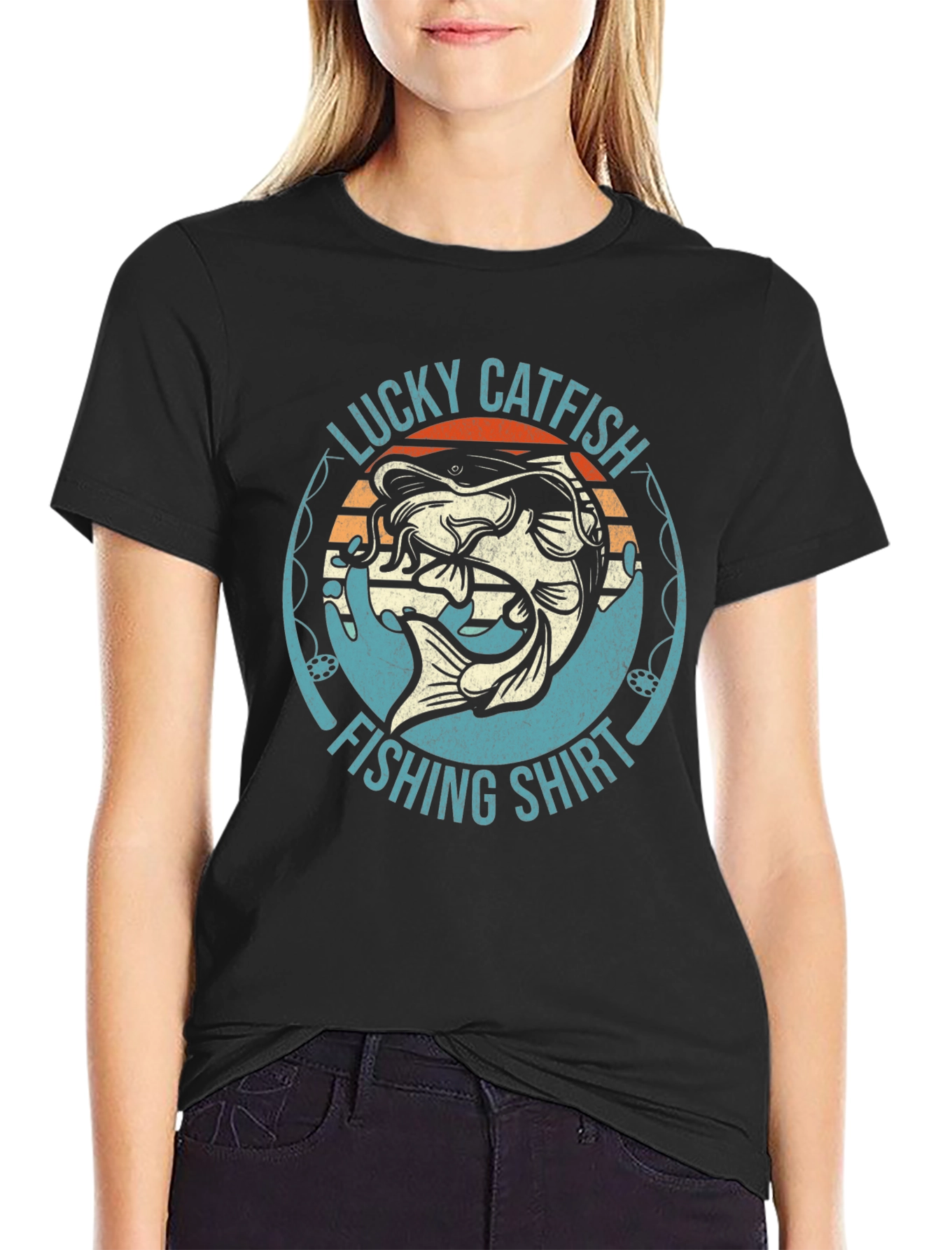 Black Lucky Catfish Fishing Shirt - Black Graphic Tee view 2