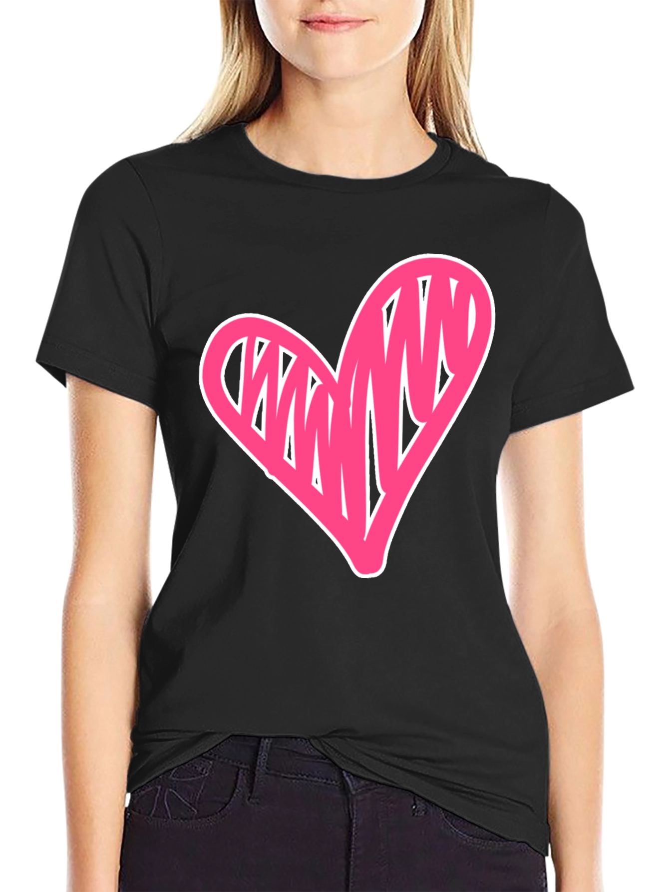 Black Heart Scribble Graphic Tee - Casual Black T-Shirt view 2