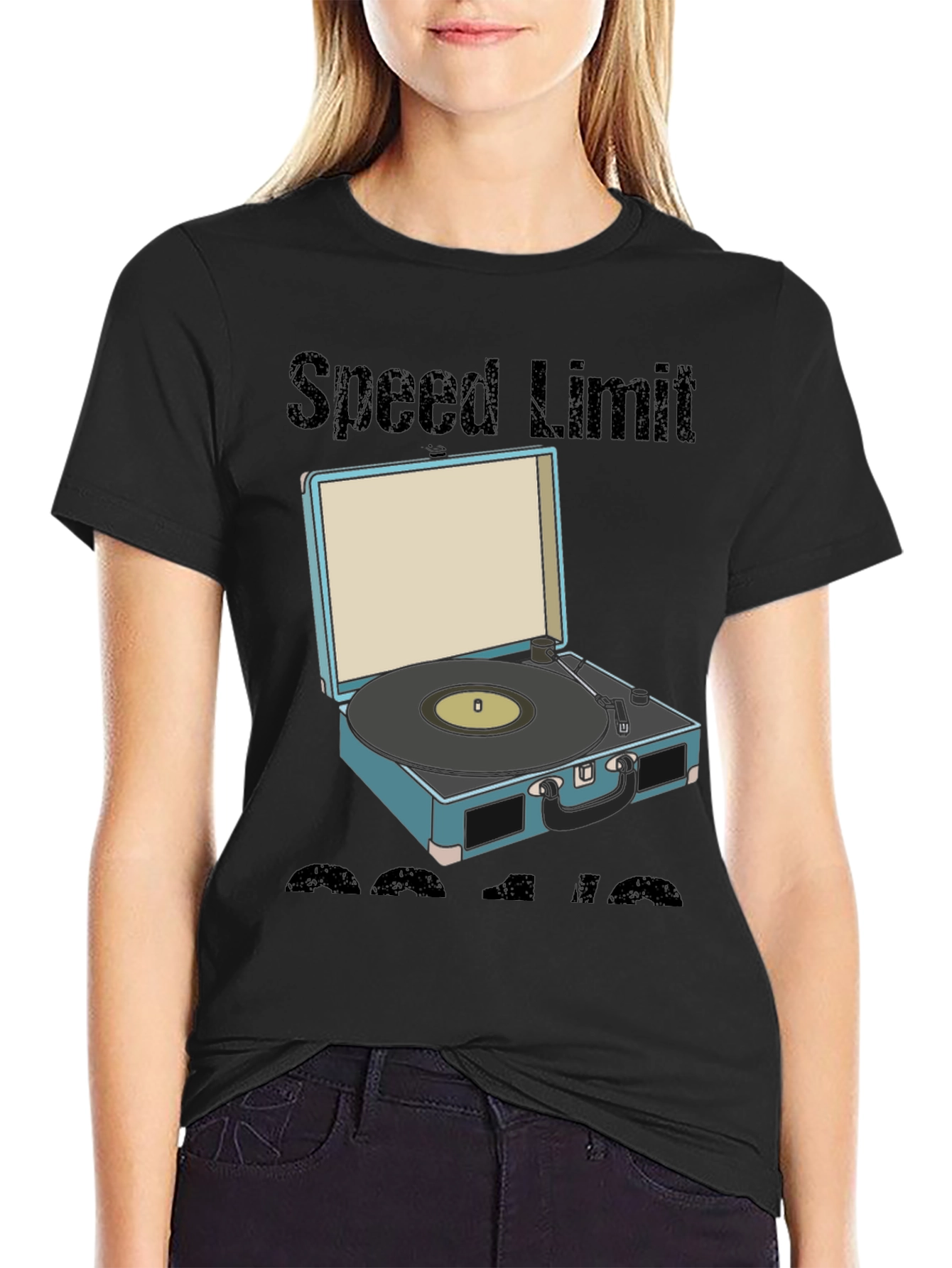 Black Retro Speed Limit Vinyl Record Player T-Shirt view 2