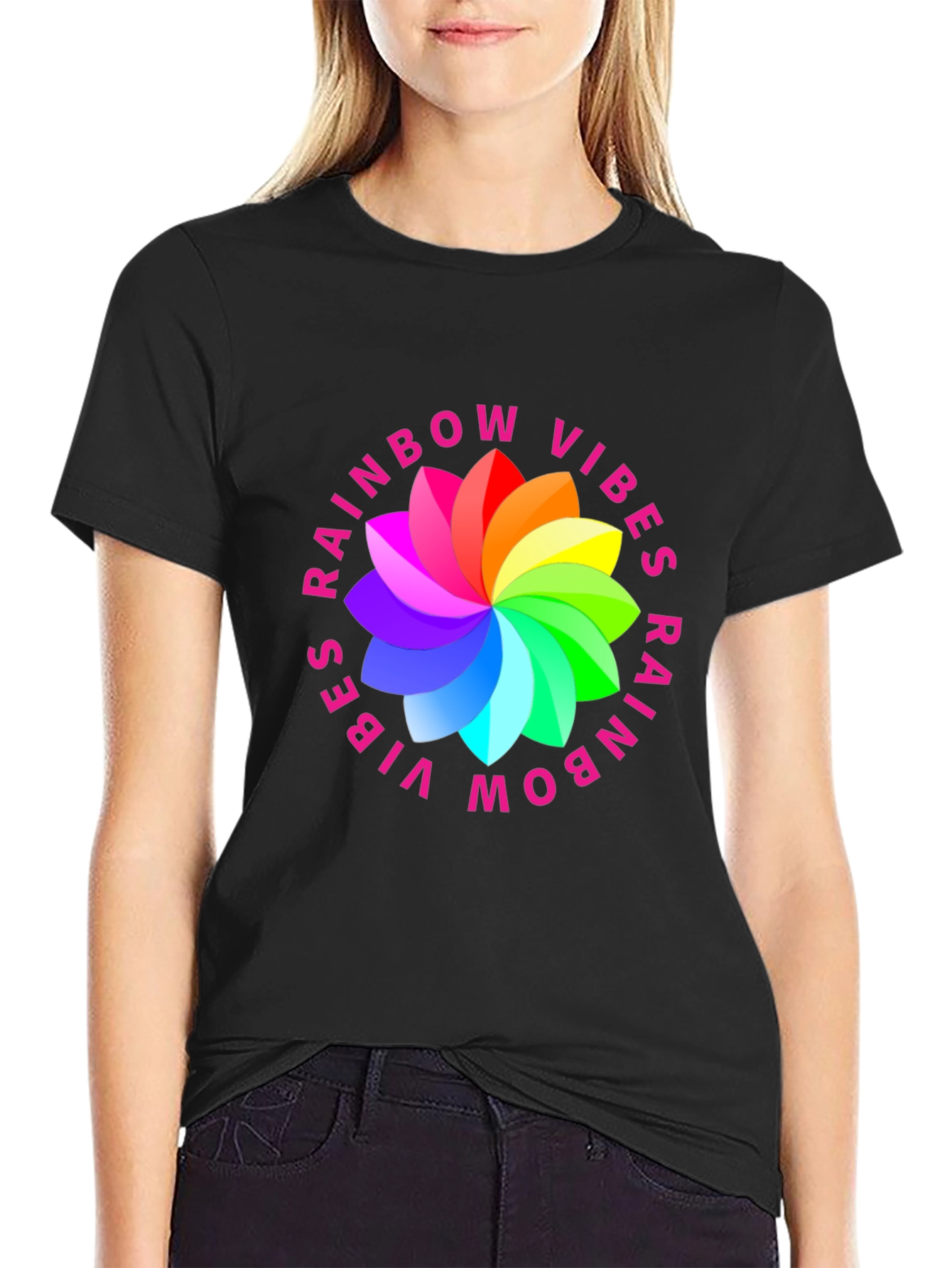 Black Rainbow Vibes Graphic Print T-Shirt - Stylish Comfort view 2