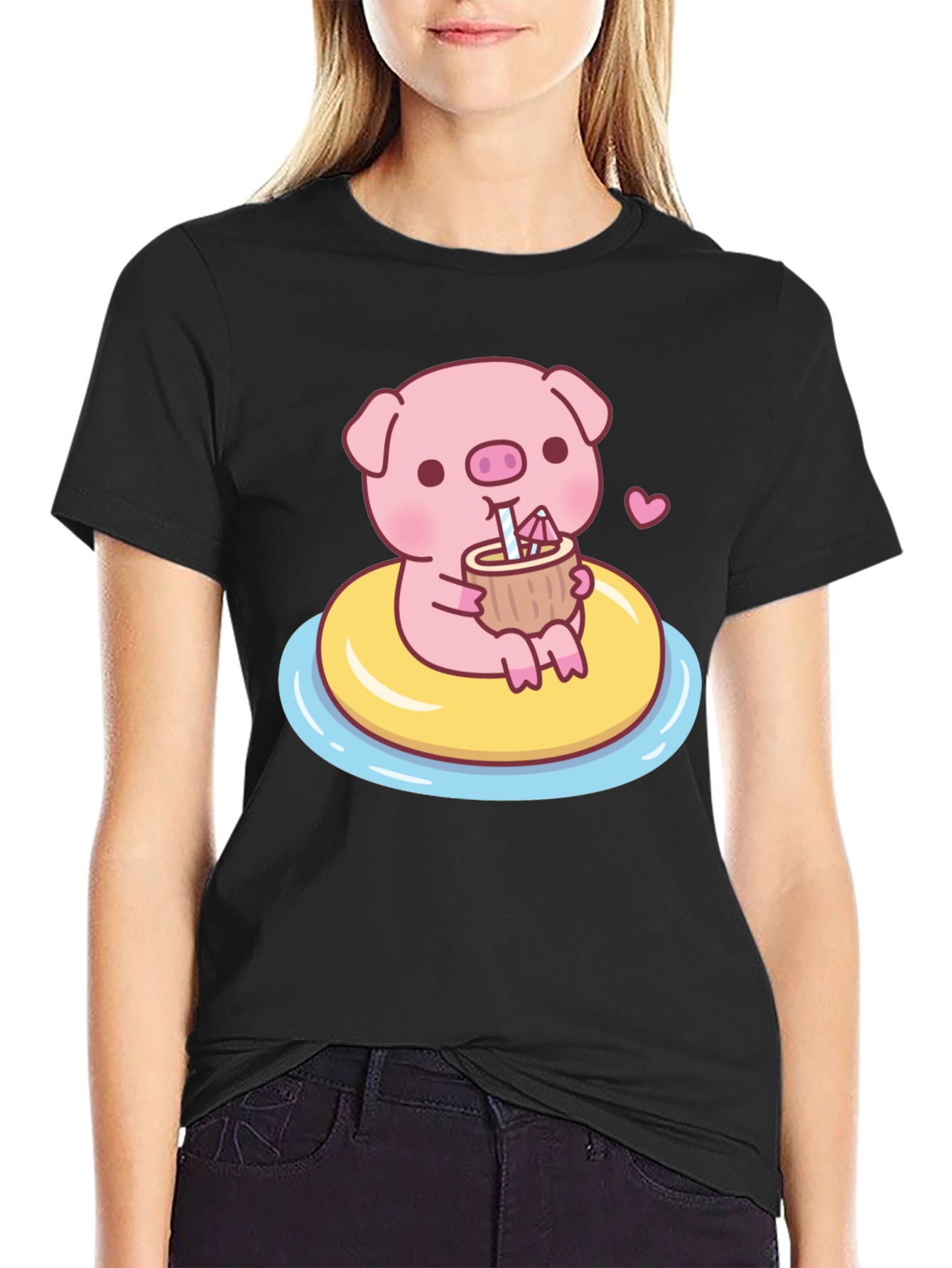 Black Cute Pig T-Shirt - Summer Float Fun view 2
