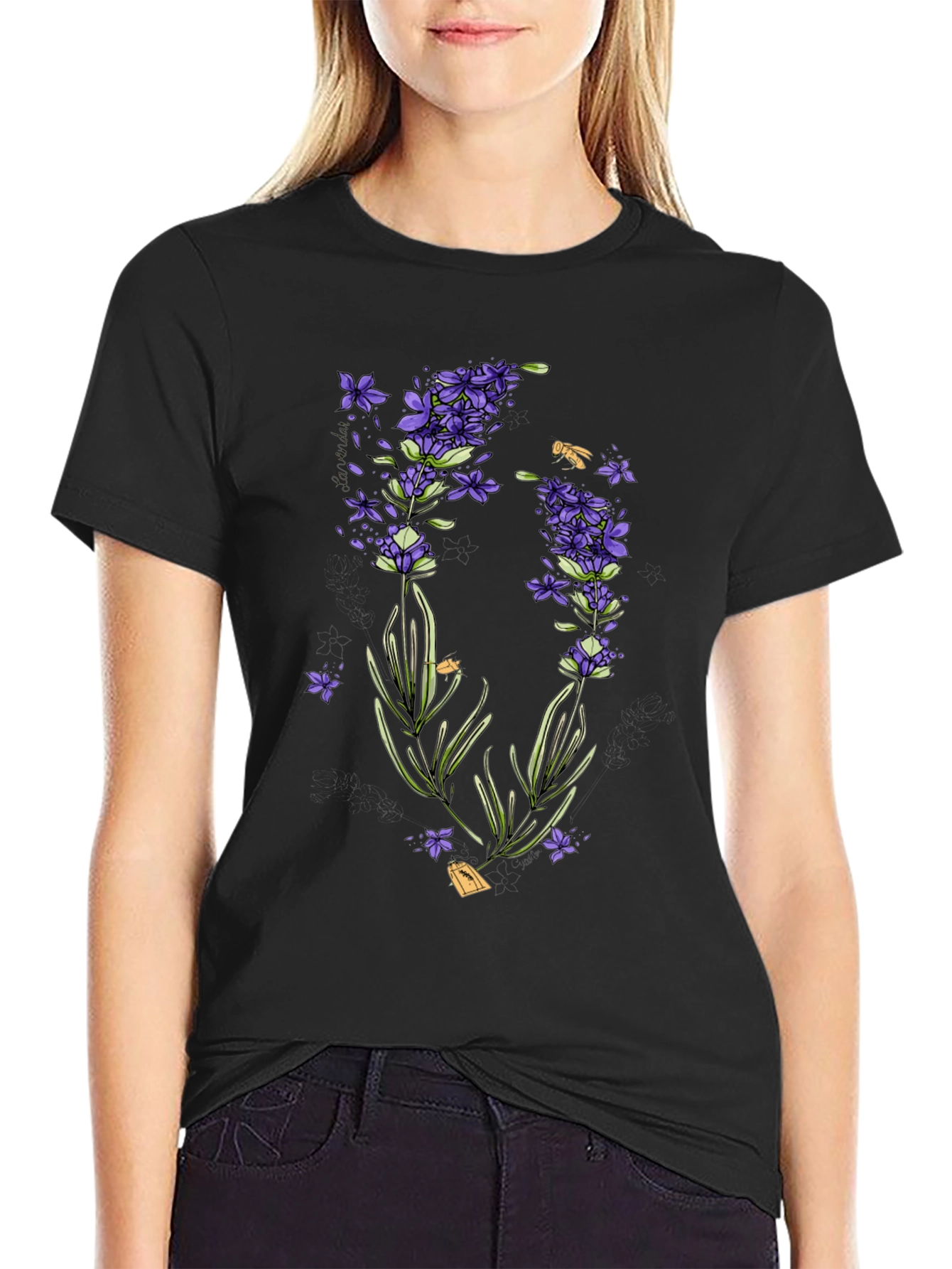 Black Lavender Print Black T-Shirt - Stylish & Unique view 2