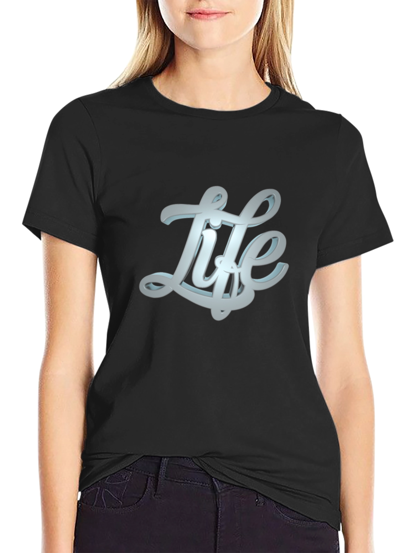 Black Stylish "Life" Graphic Print Black T-Shirt view 2