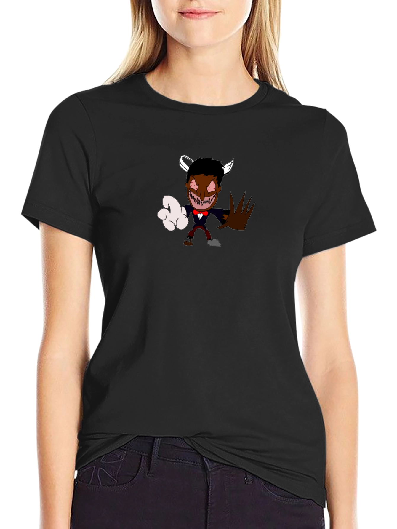 Black Cartoon Devil Graphic Tee - Black Crew Neck view 2