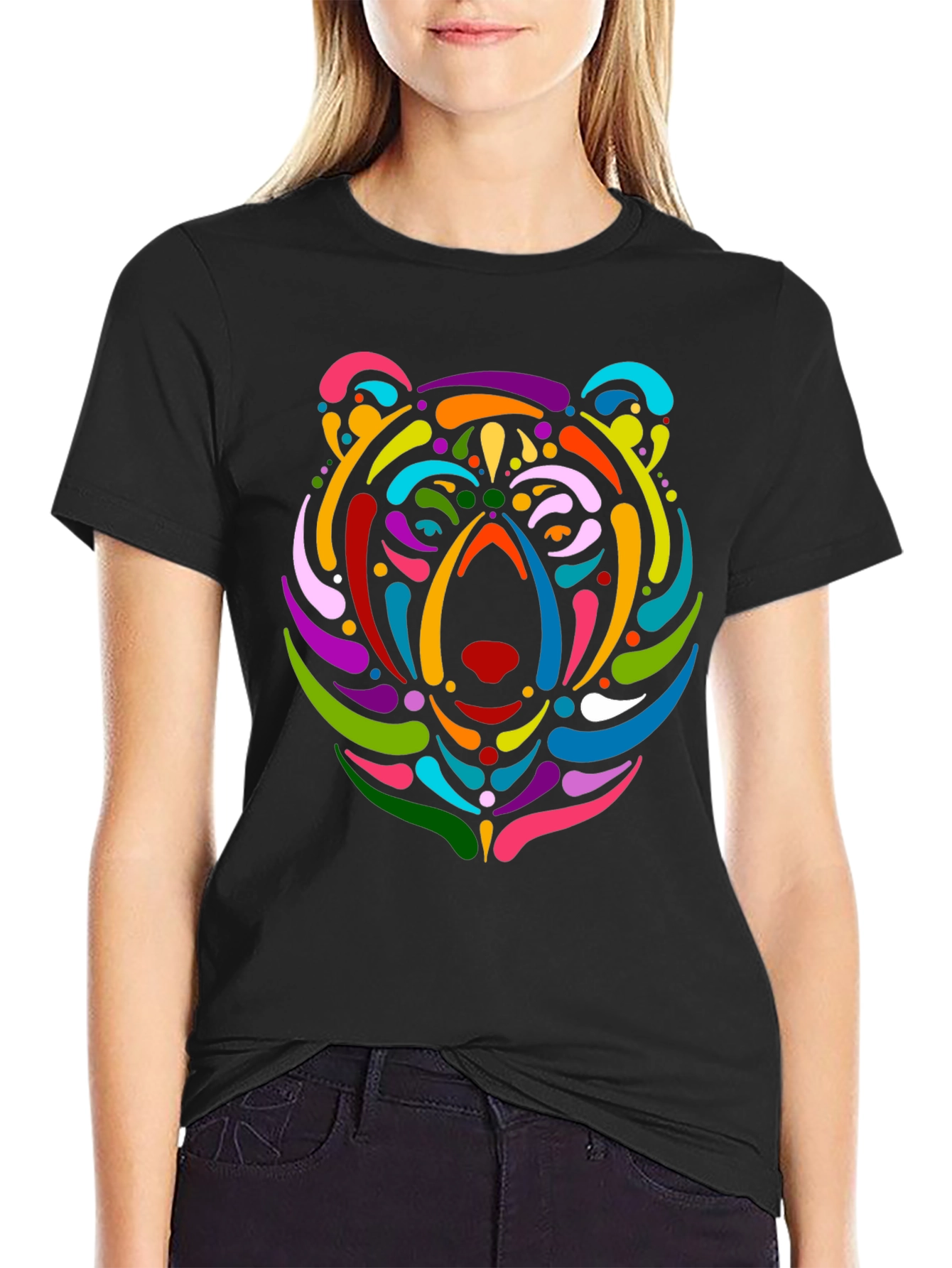 Black Colorful Bear Graphic Black T-Shirt view 2