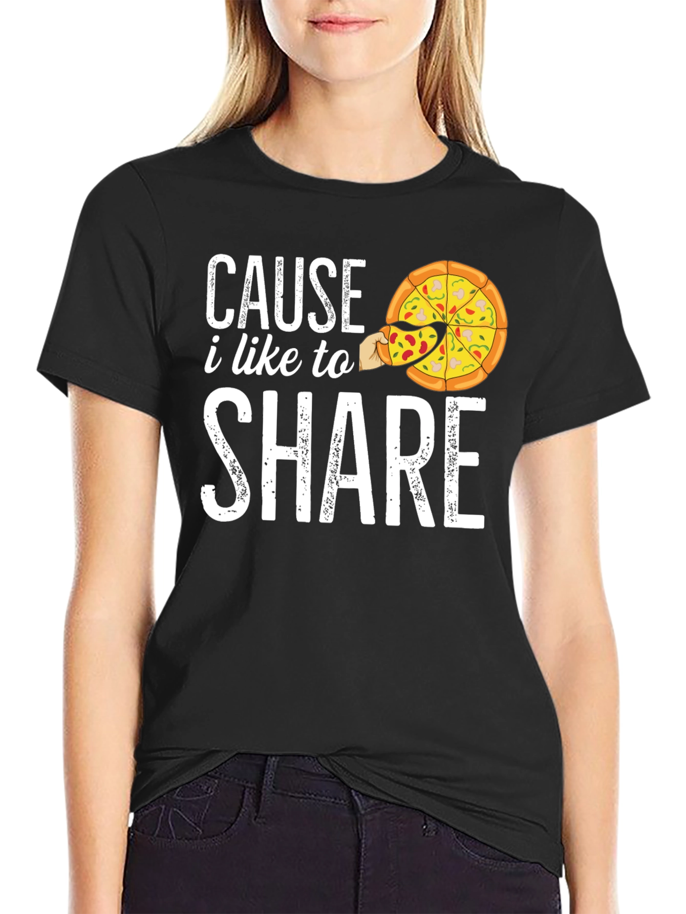 Black Cause I Like to Share Pizza Graphic T-Shirt view 2
