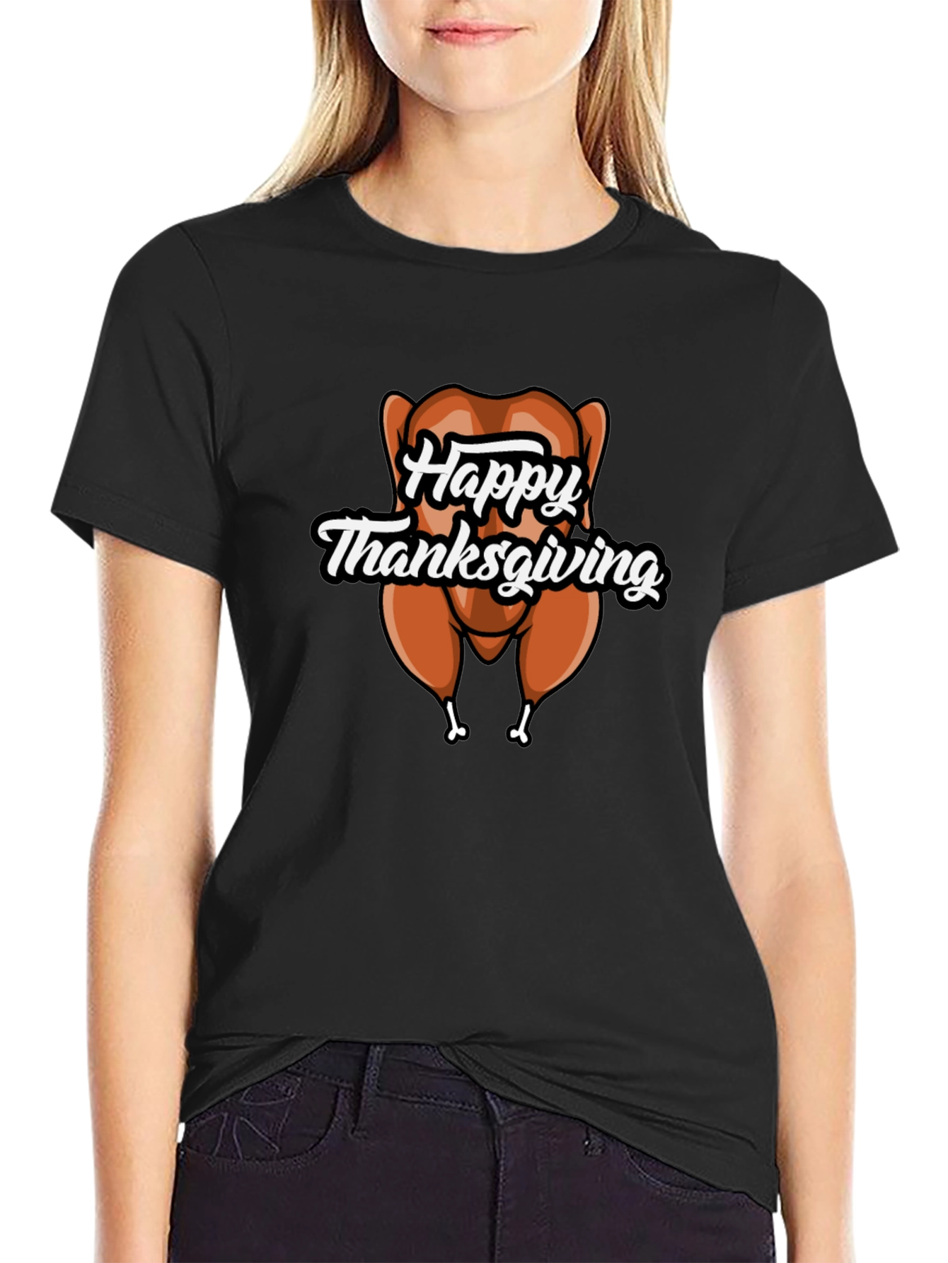 Black Happy Thanksgiving Turkey Graphic T-Shirt view 2