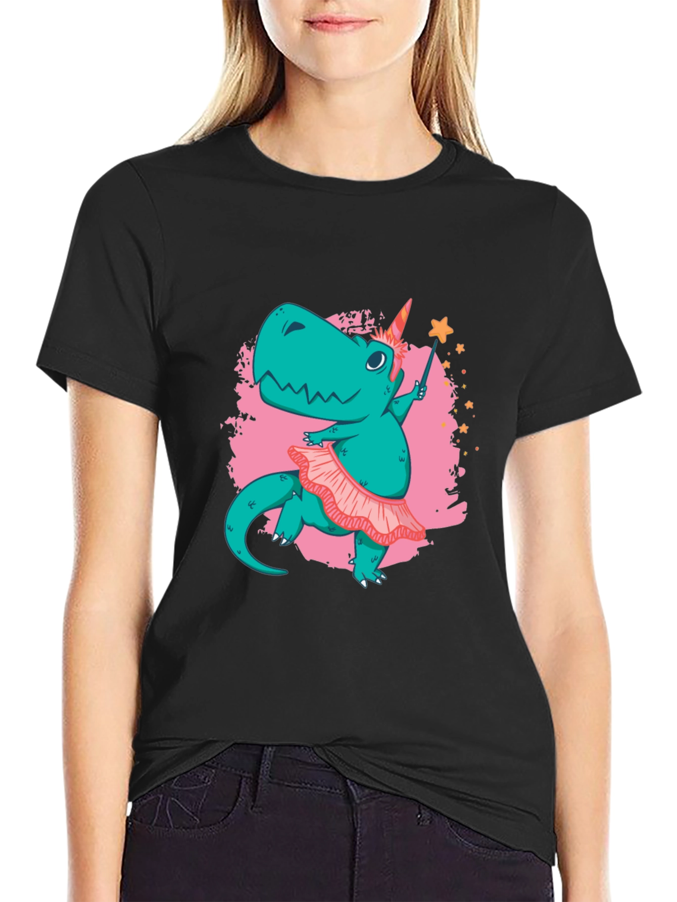 Black Dino Unicorn T-Shirt - Magical Ballerina Design view 2
