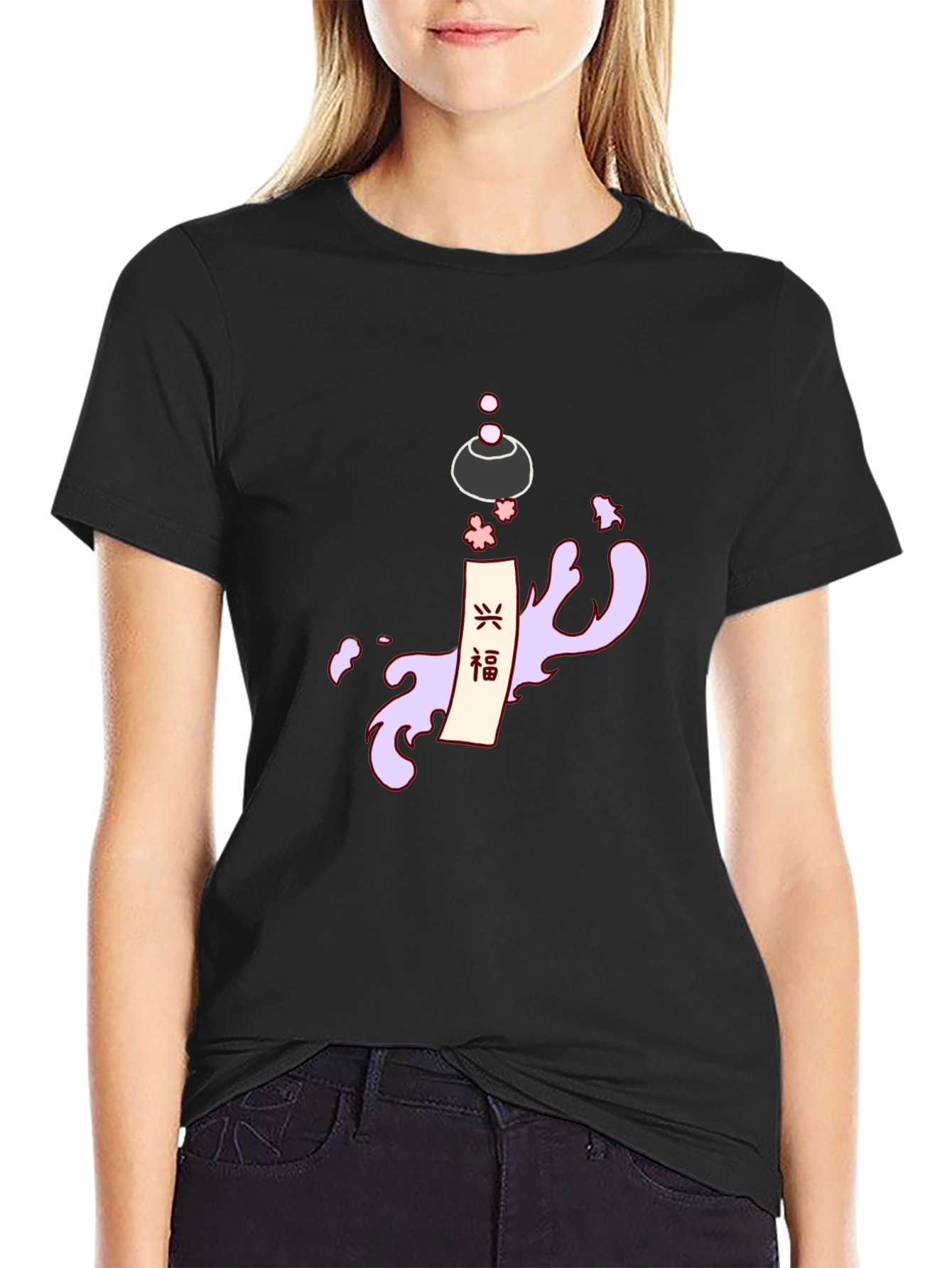 Black Men's Black T-Shirt with Japanese-Inspired Graphic view 2