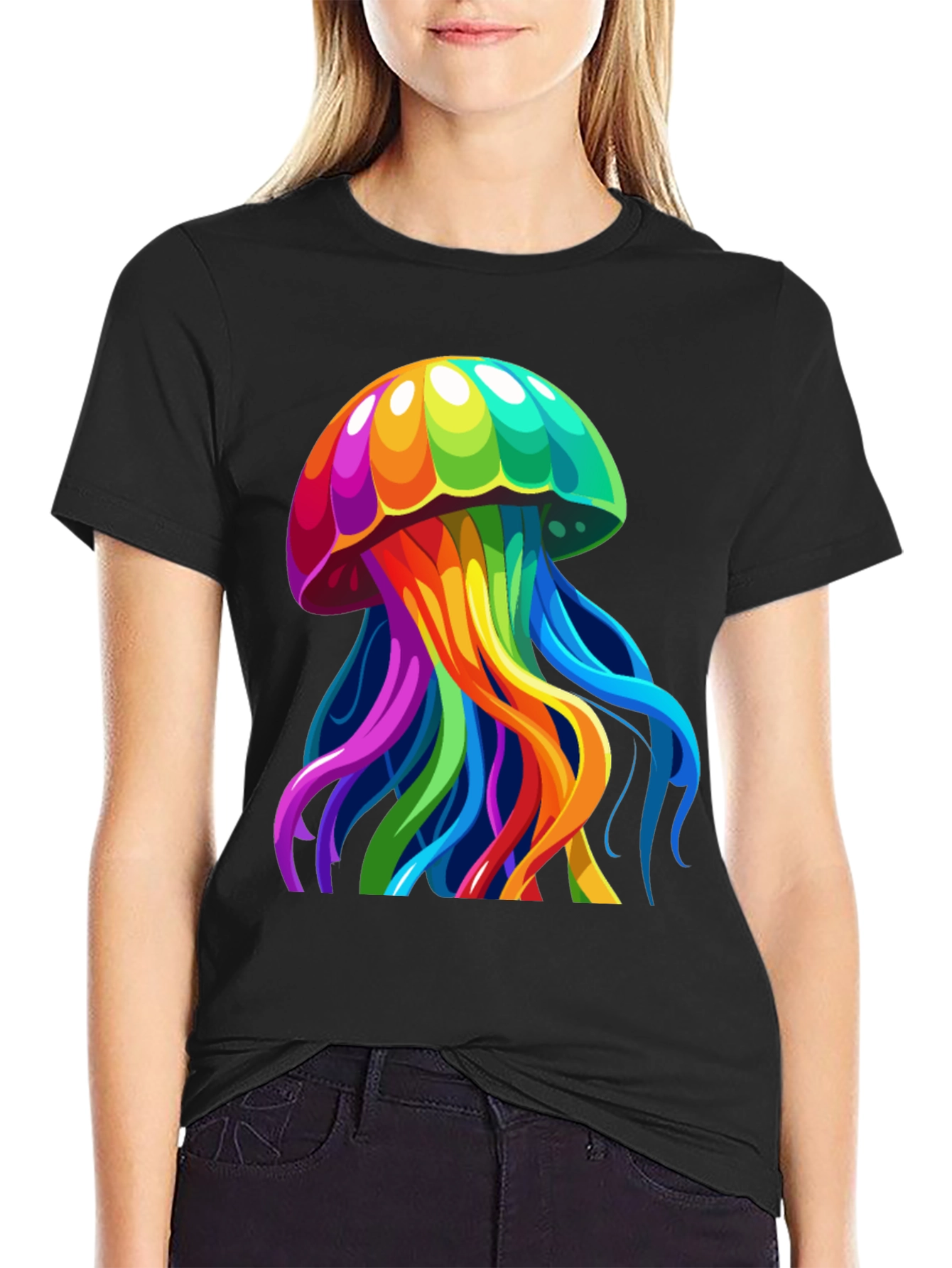Black Rainbow Jellyfish Graphic Tee - Unique Black T-Shirt view 2