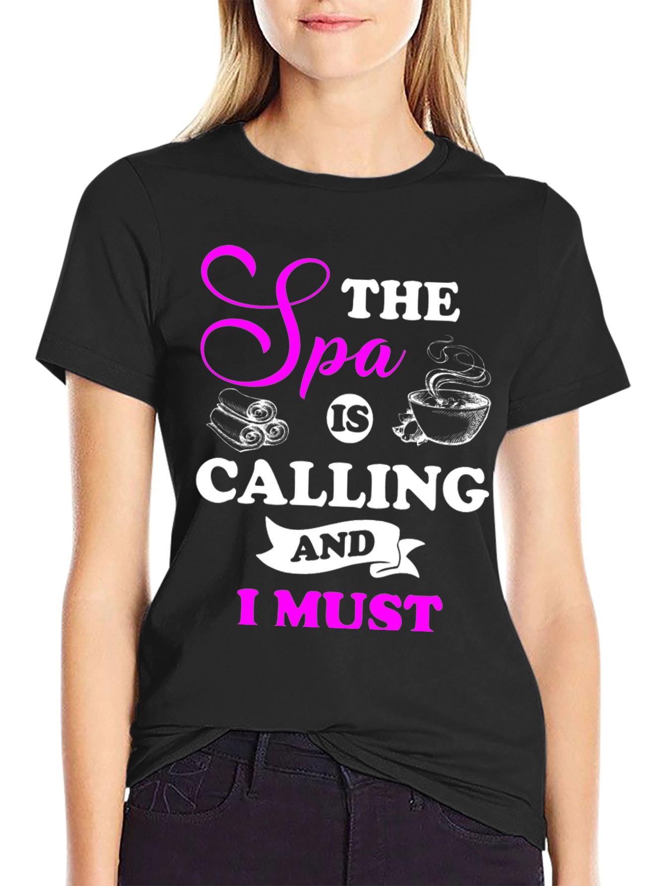 Black Spa Calling Black T-Shirt - Relax & Unwind! view 2