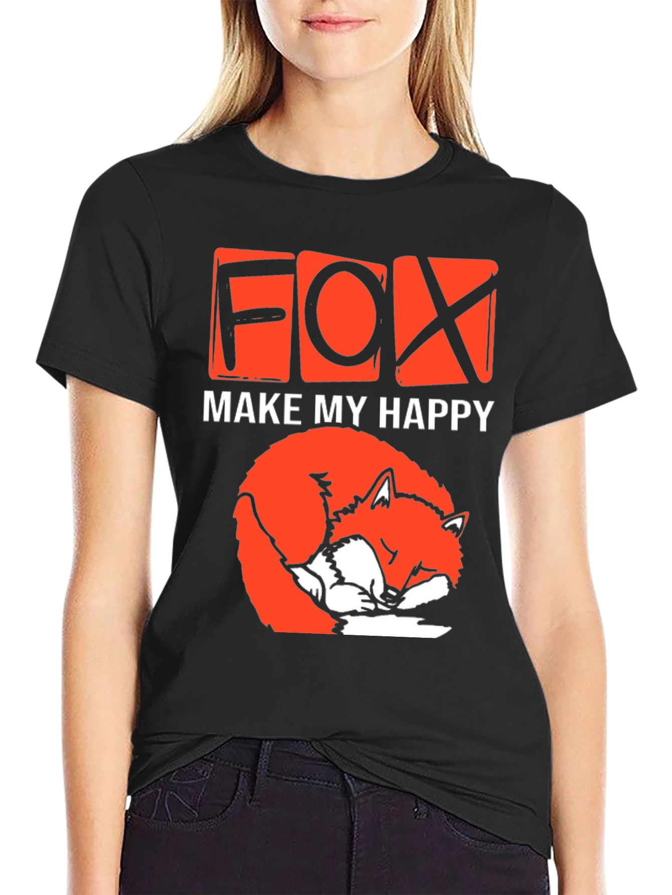 Black Cute Fox Make My Happy Graphic T-Shirt view 2