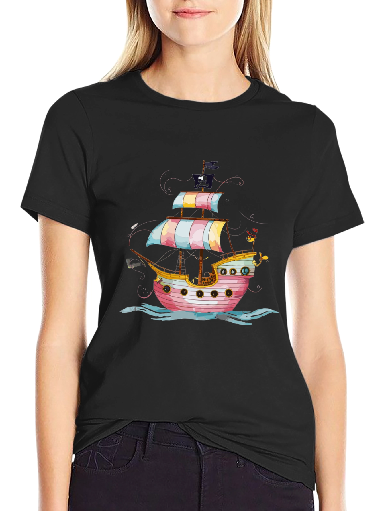Black Pirate Ship Graphic Tee - Black Cotton T-Shirt view 2