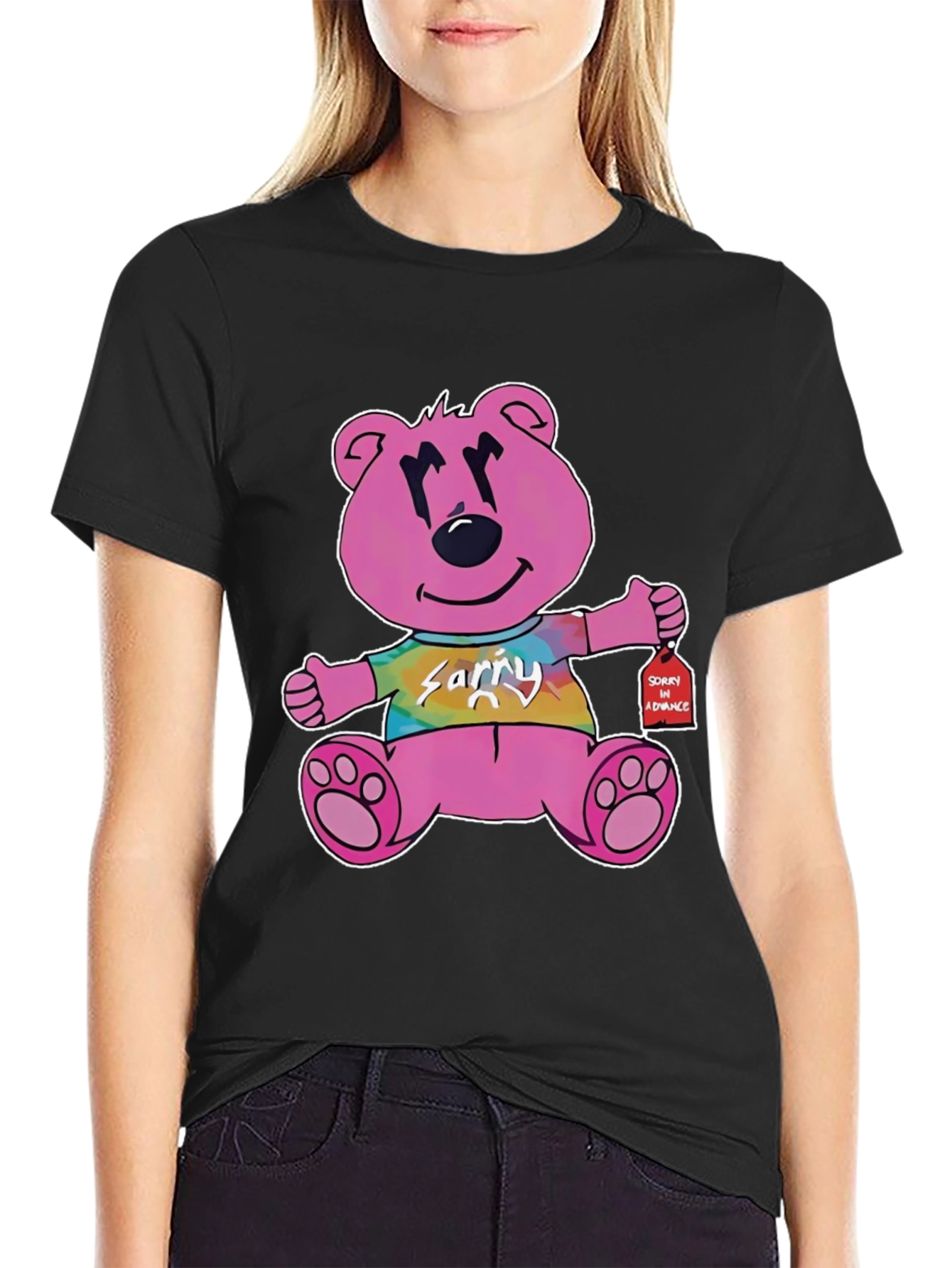 Black Novelty Graphic Tee: Pink Bear 'Sorry in Advance' view 2