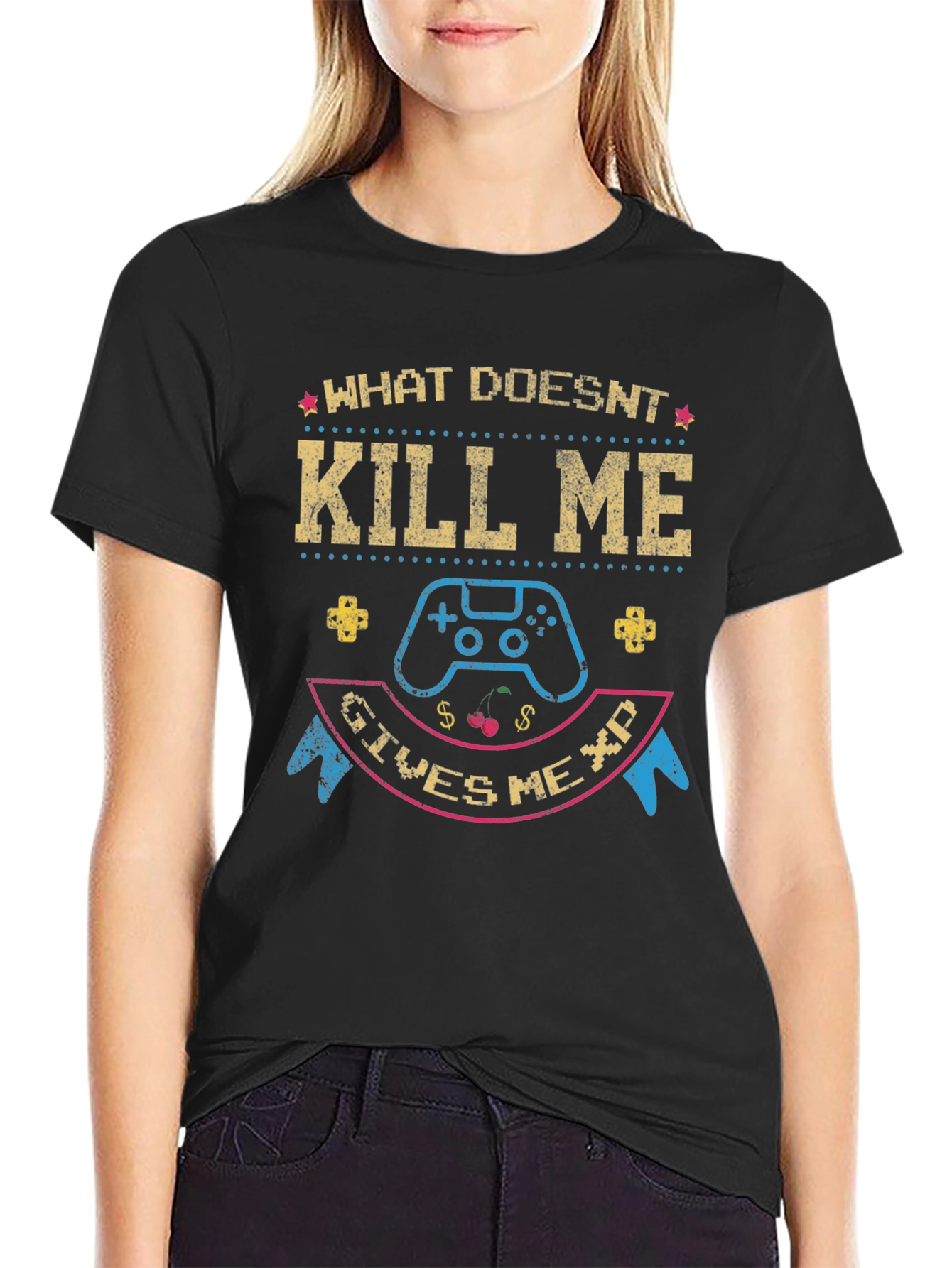 Black Gamer T-Shirt: What Doesn't Kill Me Gives Me XP view 2