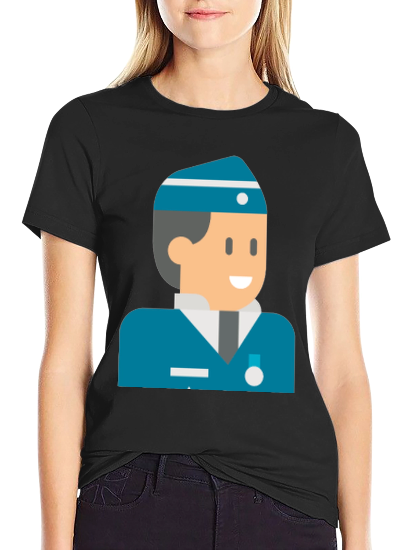 Black Cartoon Naval Officer Black T-Shirt view 2
