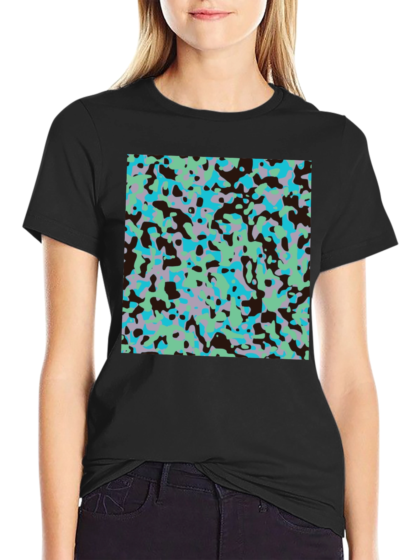 Black Abstract Camo Print Black T-Shirt view 2