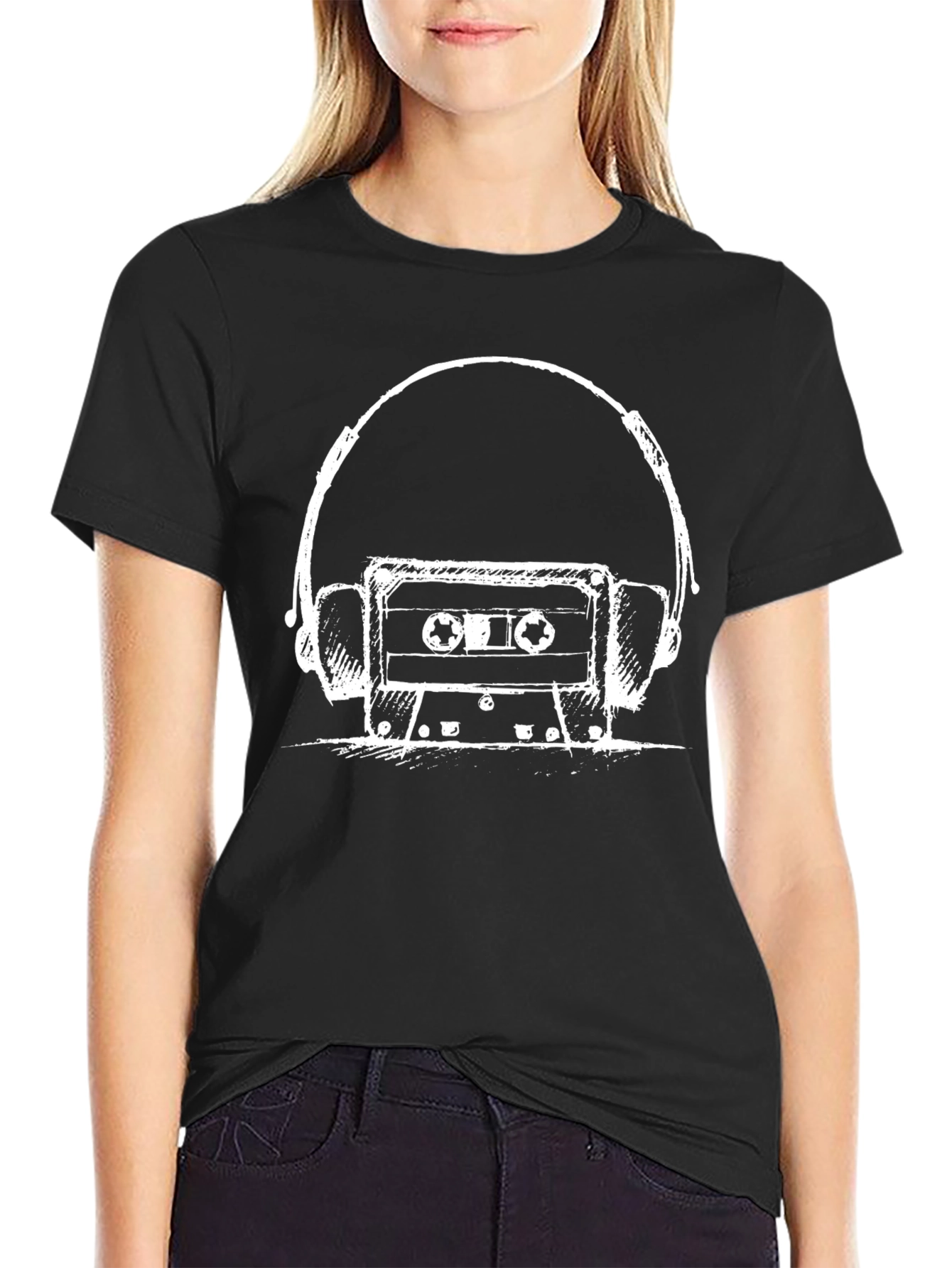 Black Retro Cassette & Headphones Graphic Tee - Black view 2