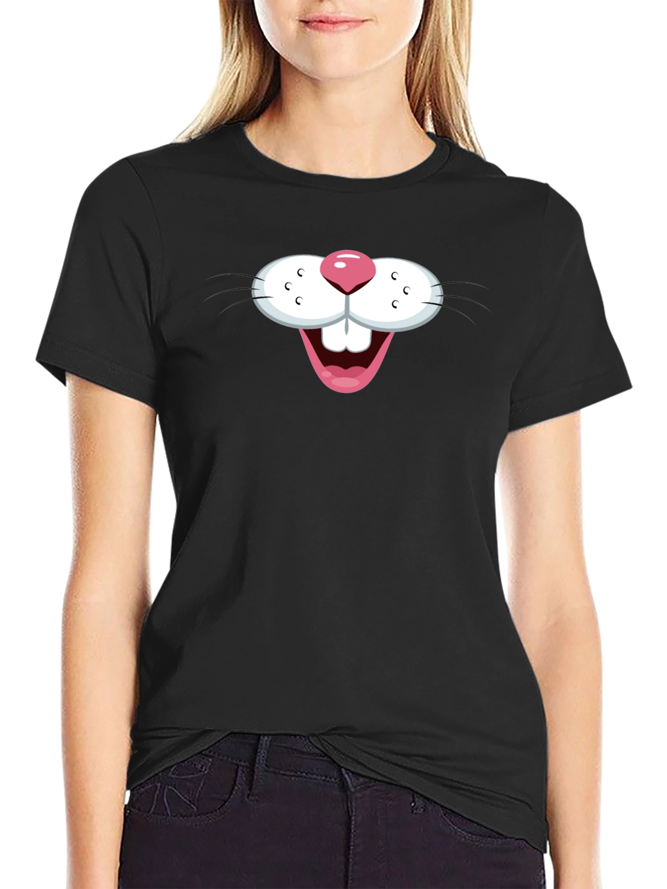 Black Funny Bunny Face Graphic T-Shirt - Black view 2