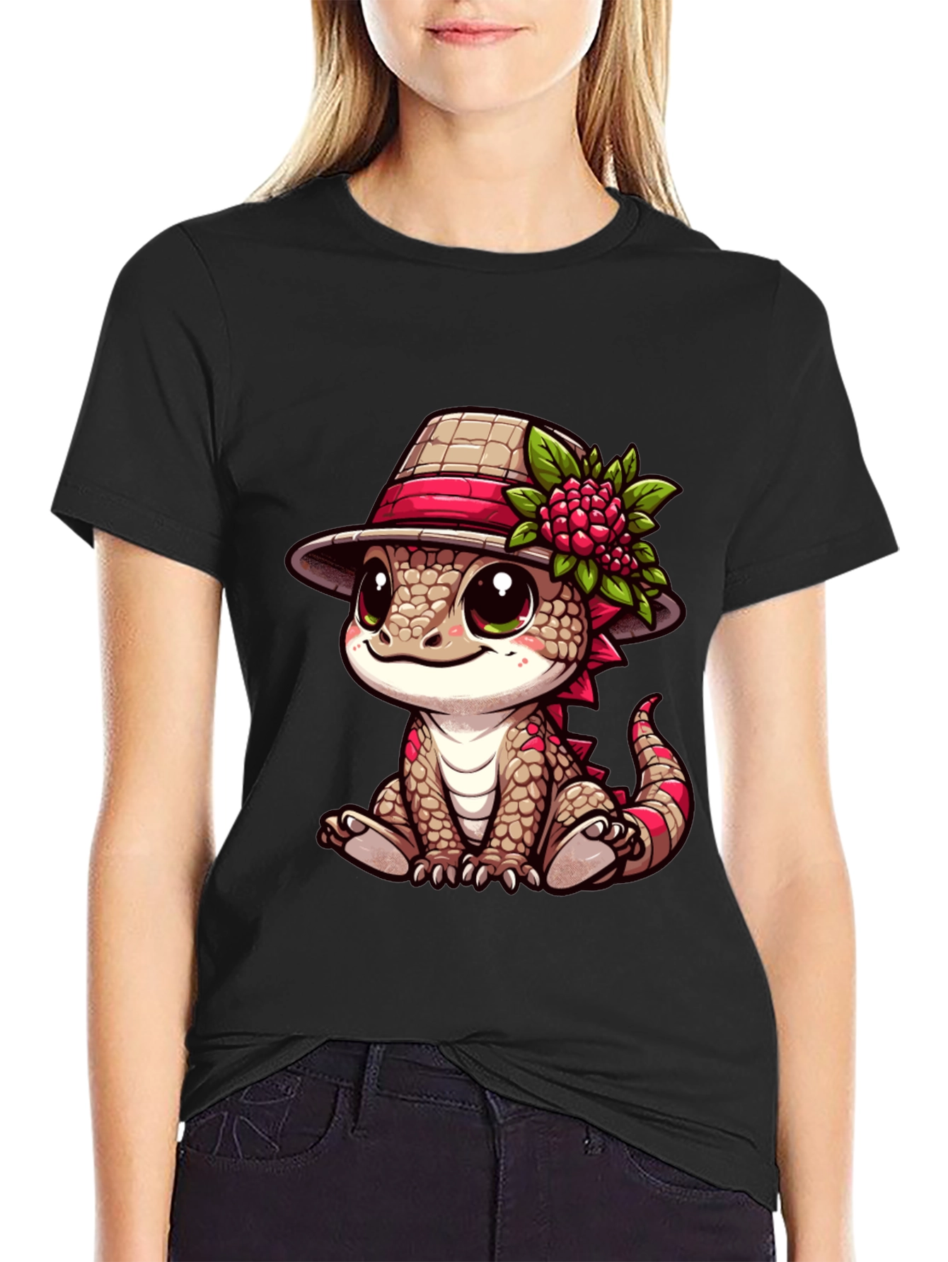 Black Cute Cartoon Lizard T-Shirt view 2