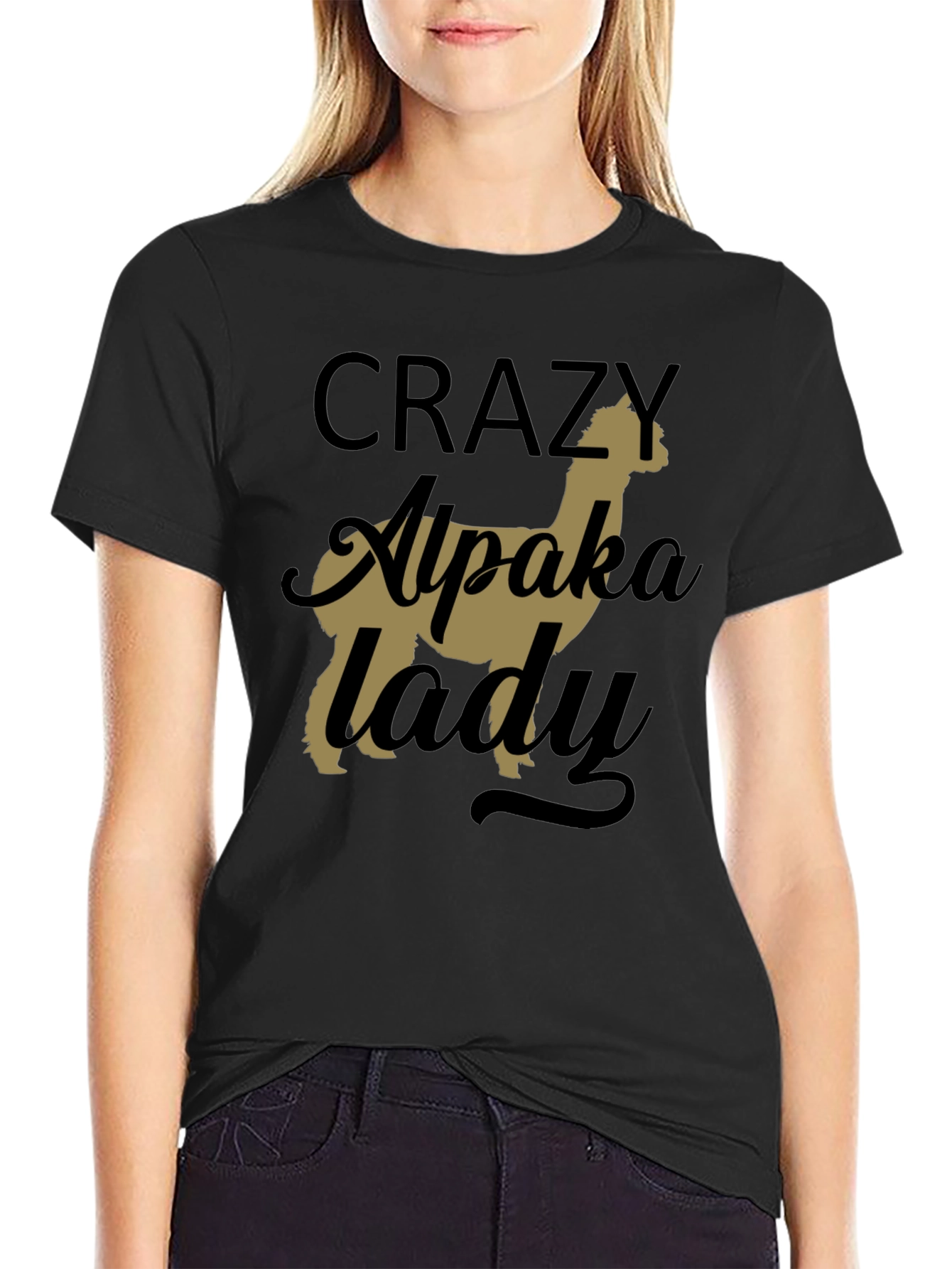 Black Crazy Alpaca Lady T-Shirt - Novelty Graphic Tee view 2