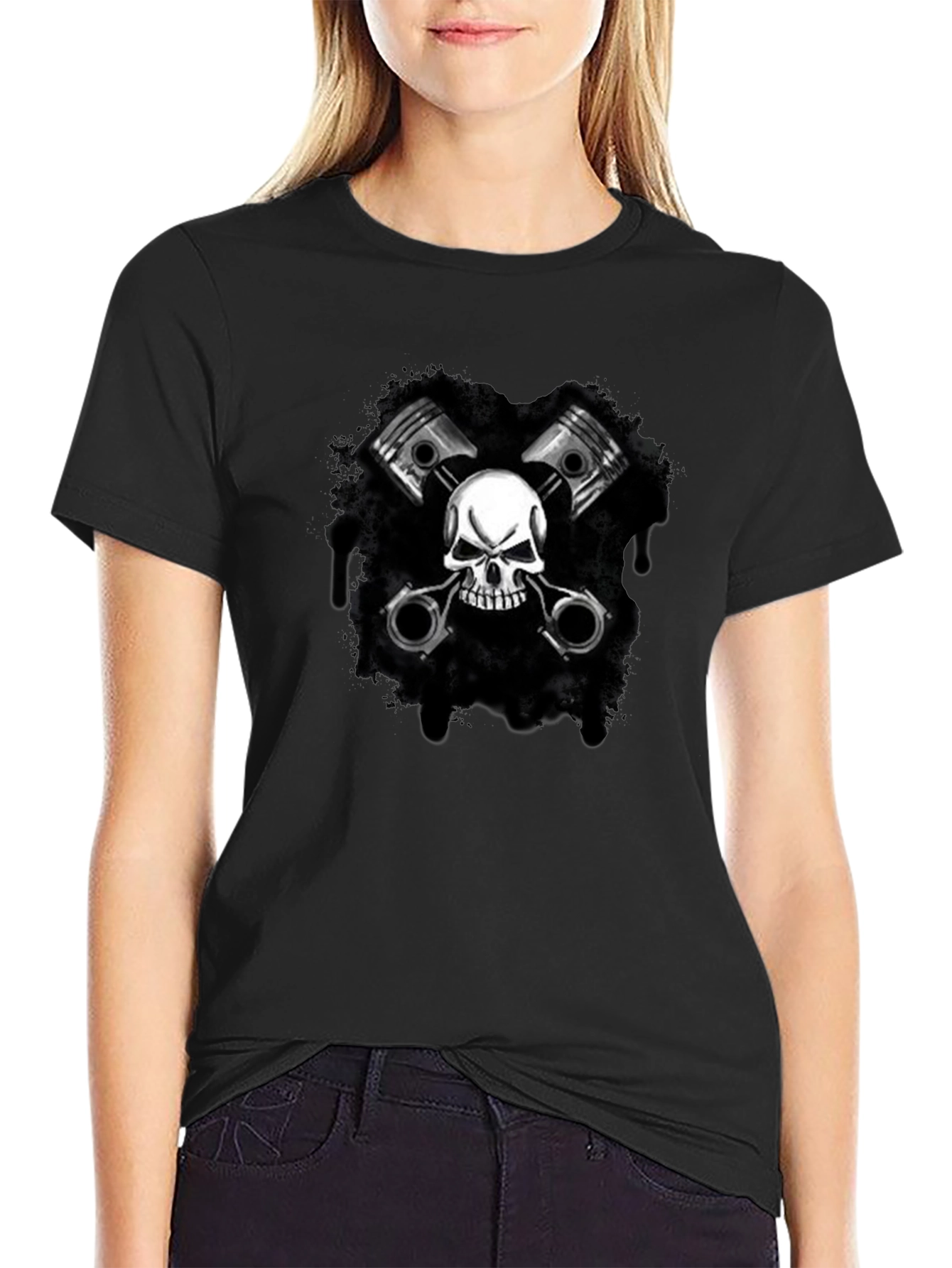Black Skull & Pistons Graphic Black T-Shirt view 2