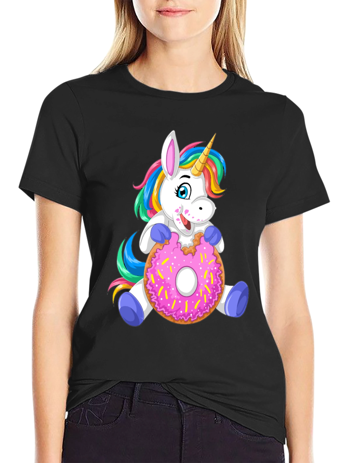Black Unicorn Donut T-Shirt - Cute Cartoon Tee view 2