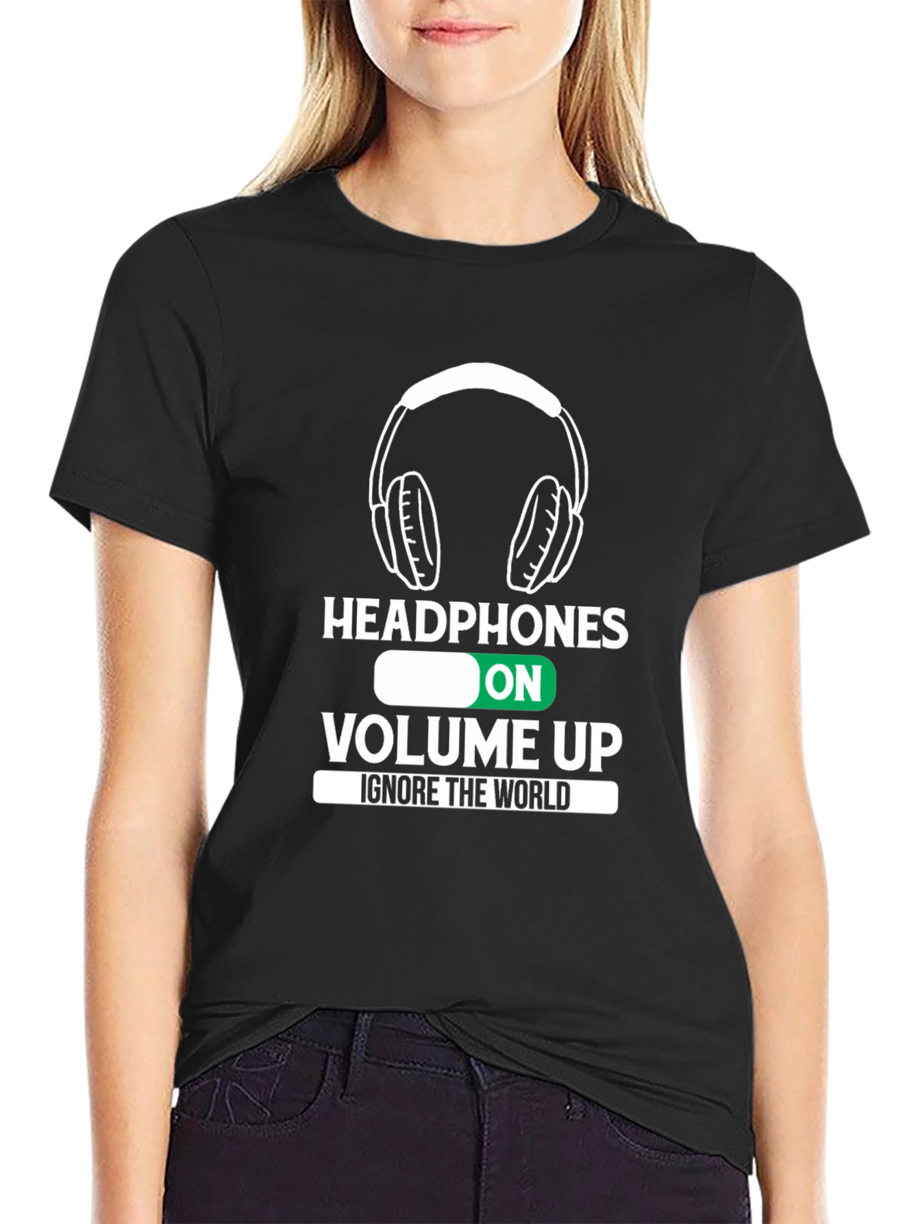 Black Headphones On Volume Up Black T-Shirt view 2