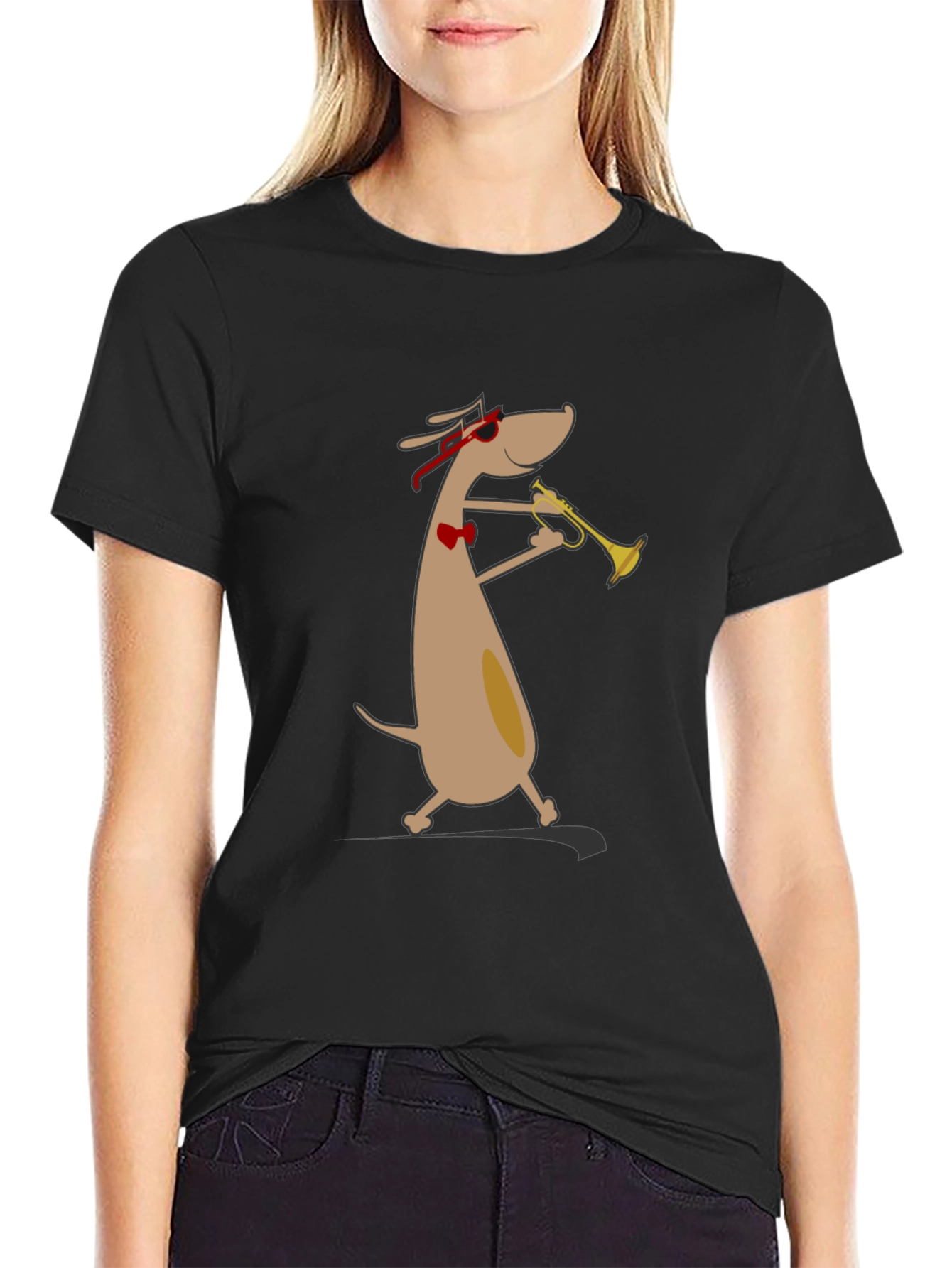 Black Cool Dog Trumpet Player Graphic Tee - Black Cotton Shirt view 2
