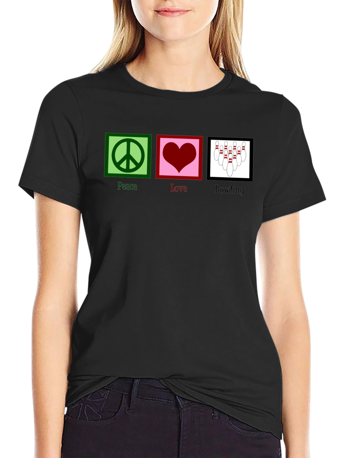 Black Peace Love Bowling Graphic T-Shirt view 2