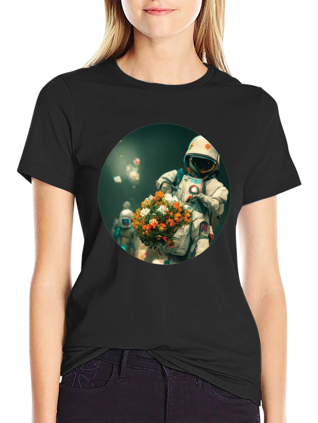 Black Astronaut with Flowers Graphic Tee - Black view 2
