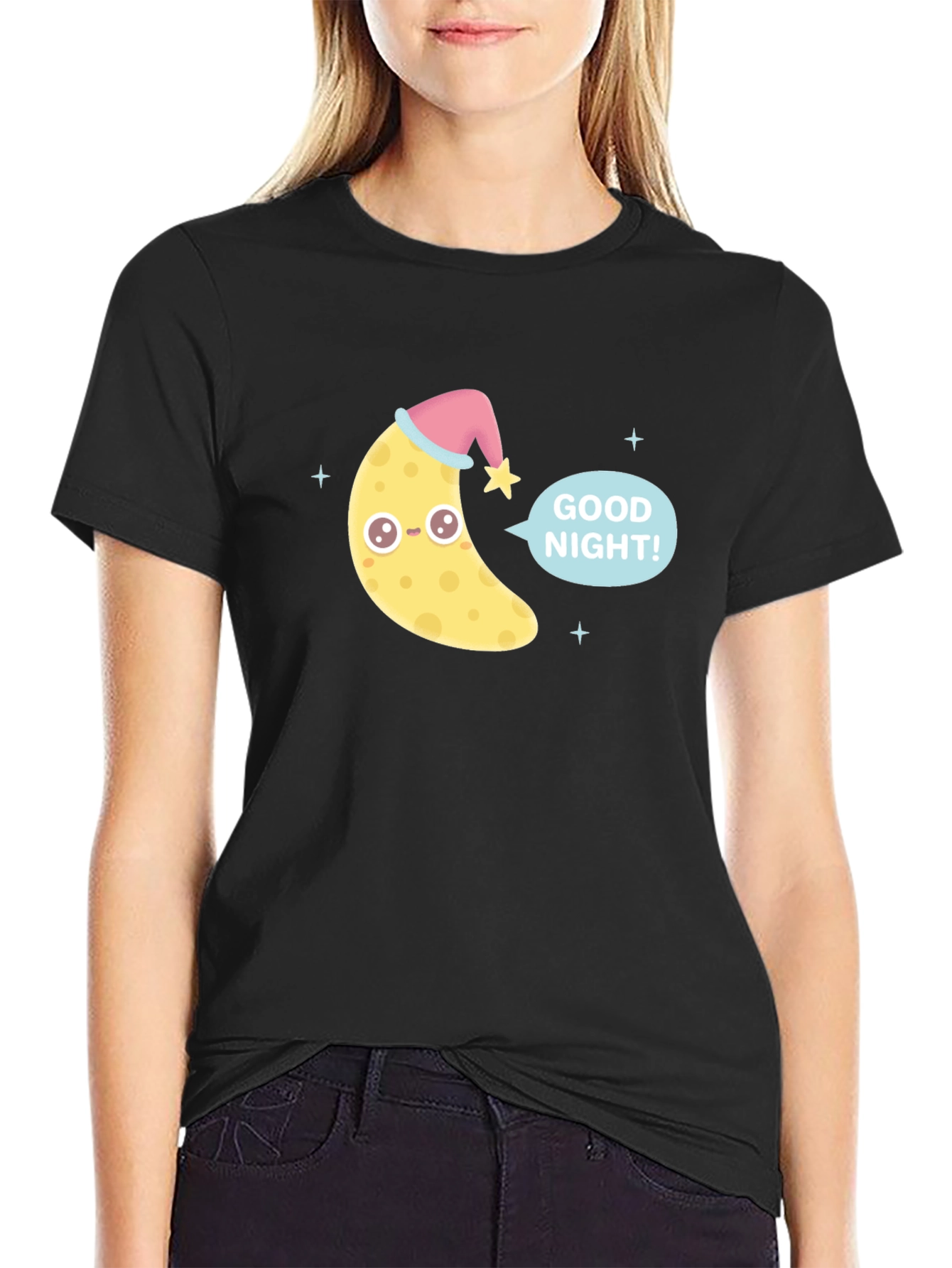 Black Cute Good Night Moon Graphic Tee - Black view 2