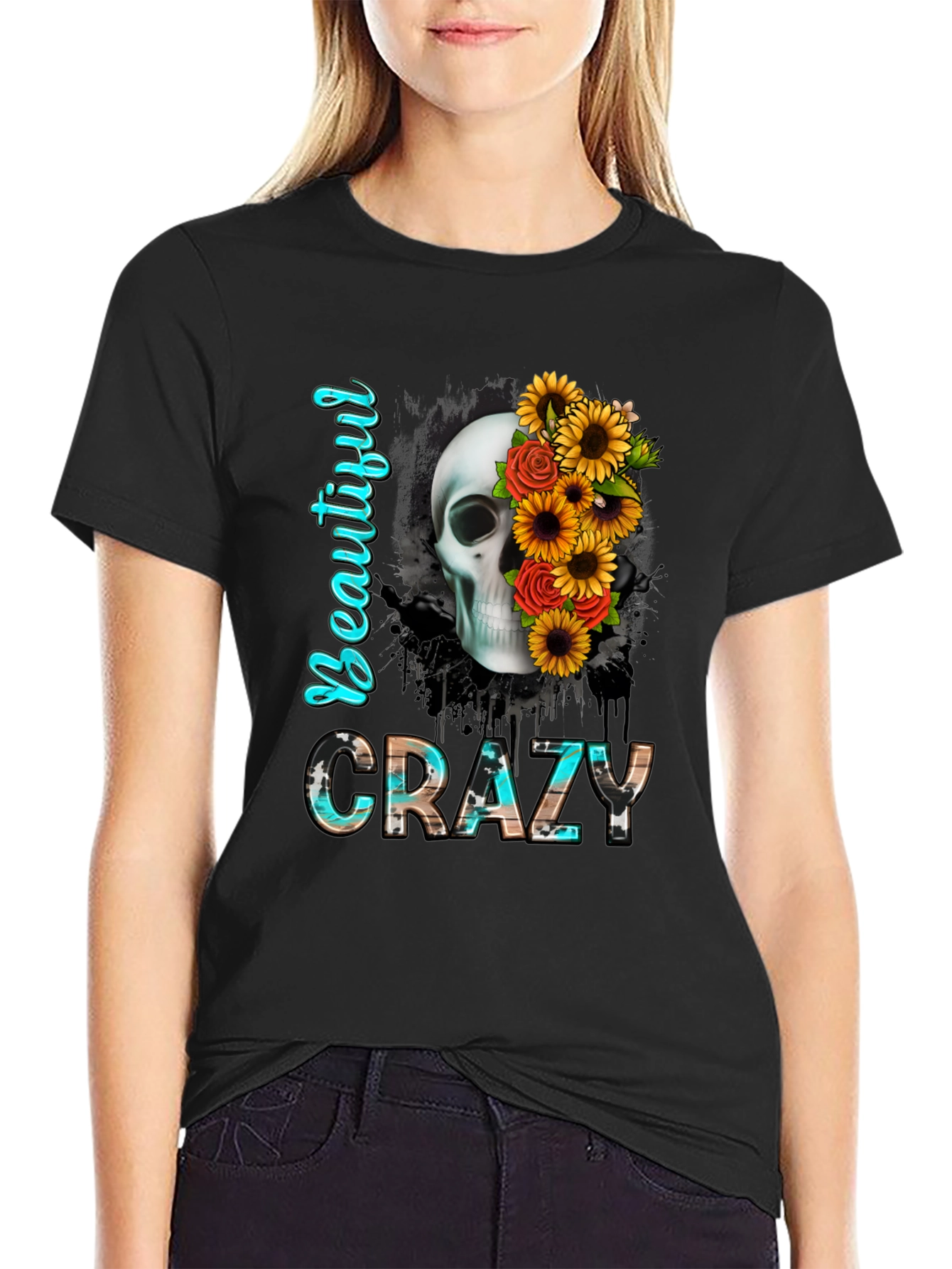 Black Beautiful Crazy Skull & Flowers Graphic Tee view 2