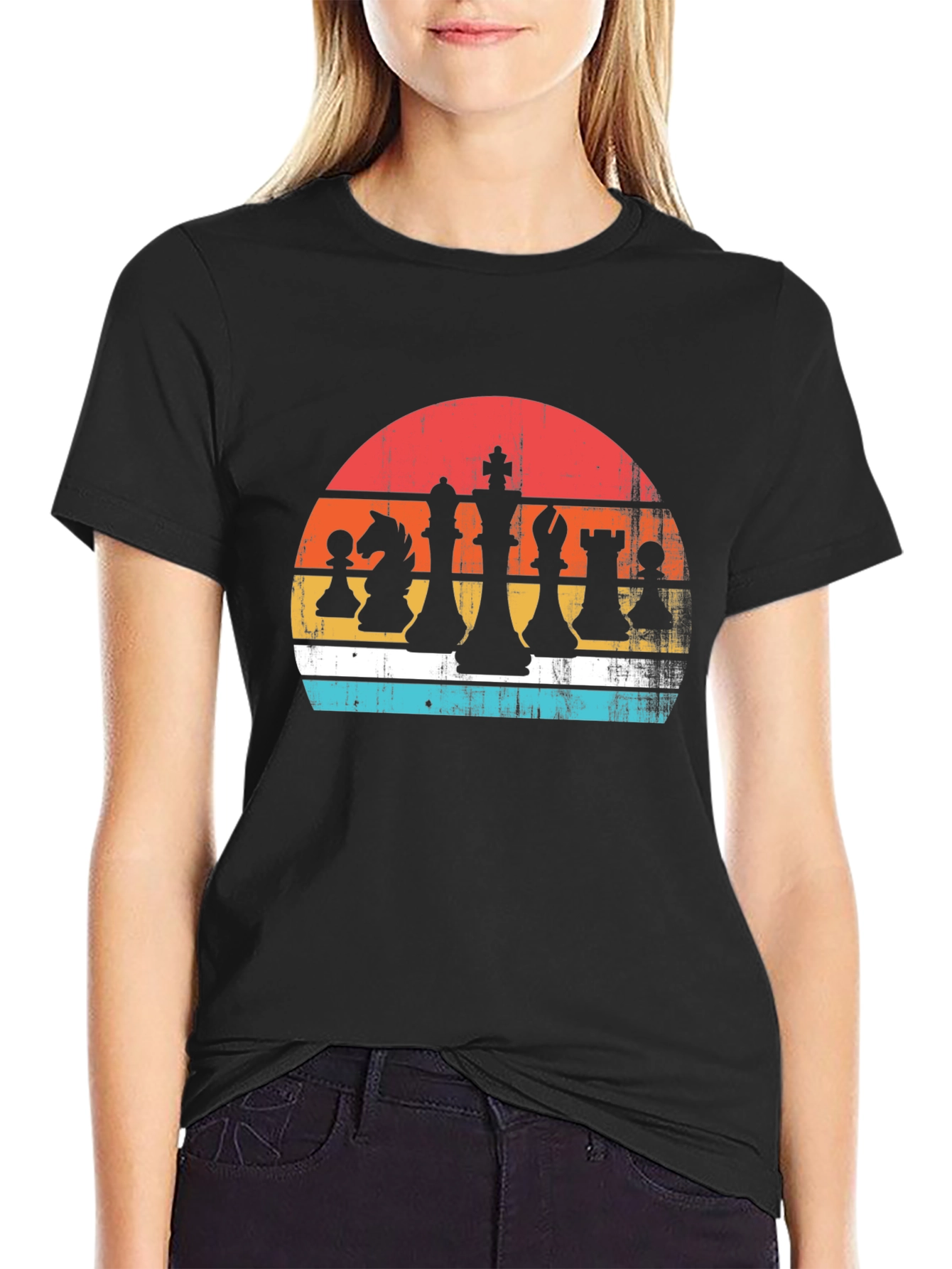 Black Retro Chess Piece Sunset Graphic Tee - Classic Board Game Style view 2