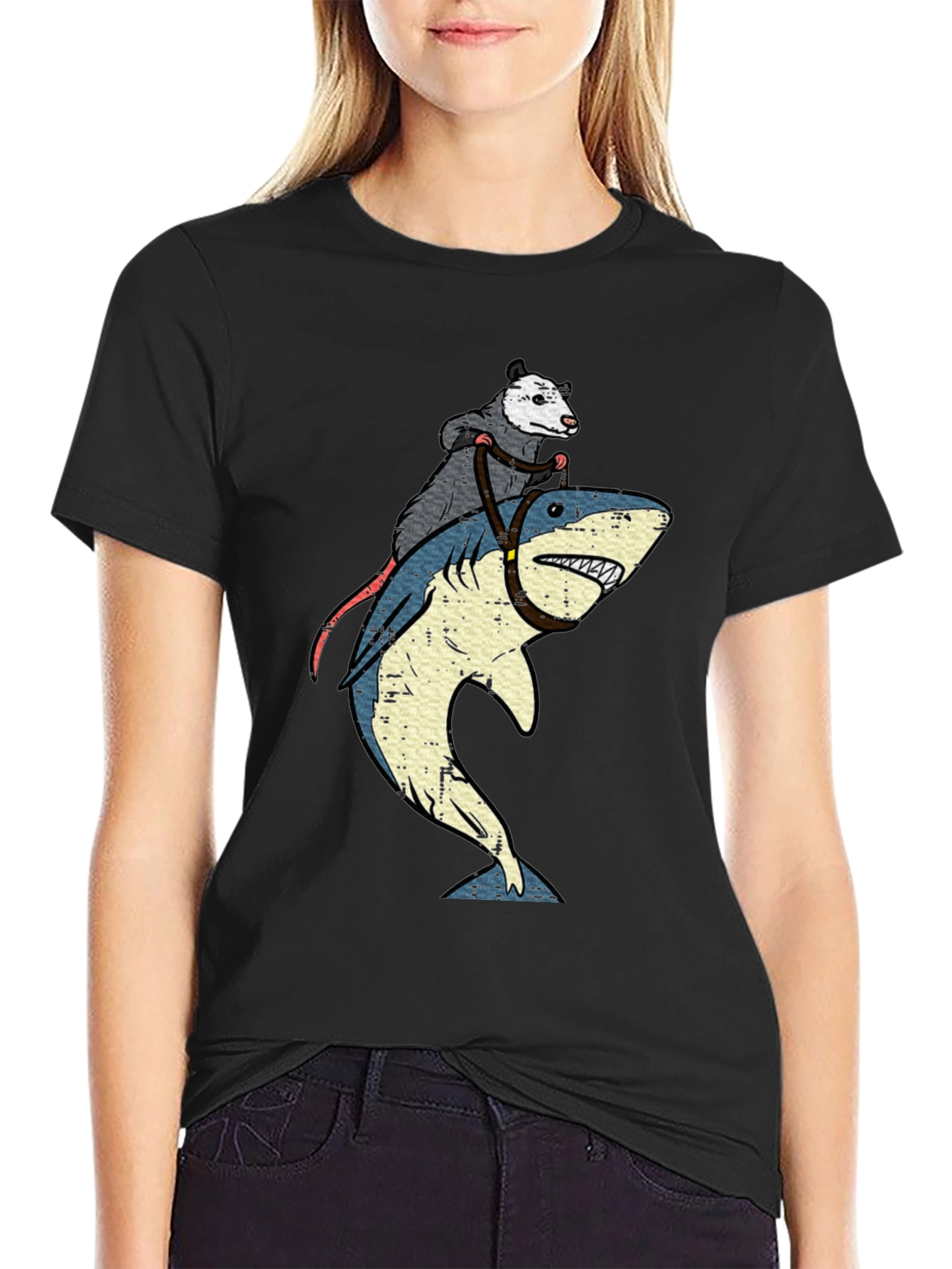 Black Opossum Riding Shark Graphic T-Shirt view 2