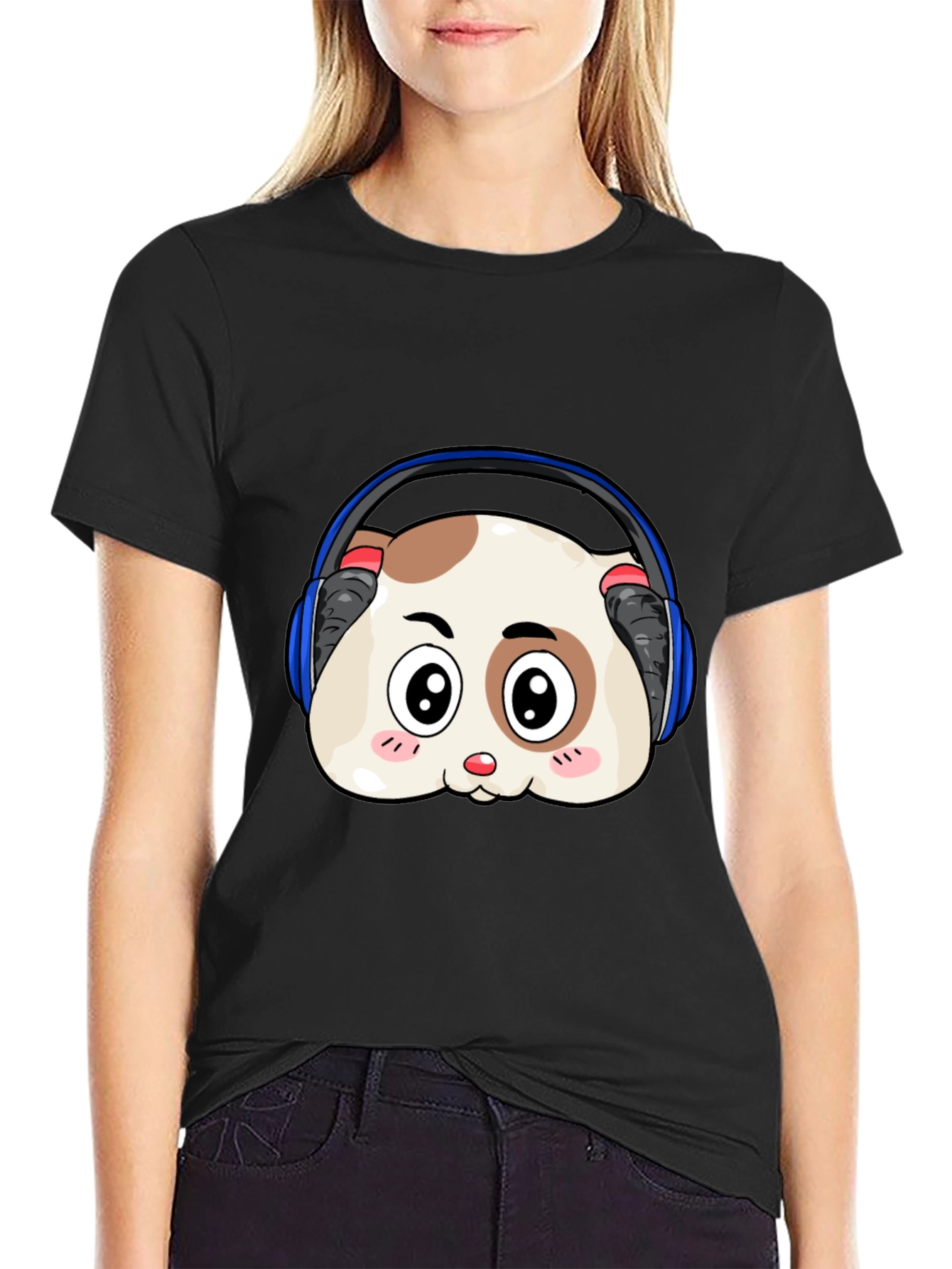 Black Cute Animal Headphone T-Shirt view 2