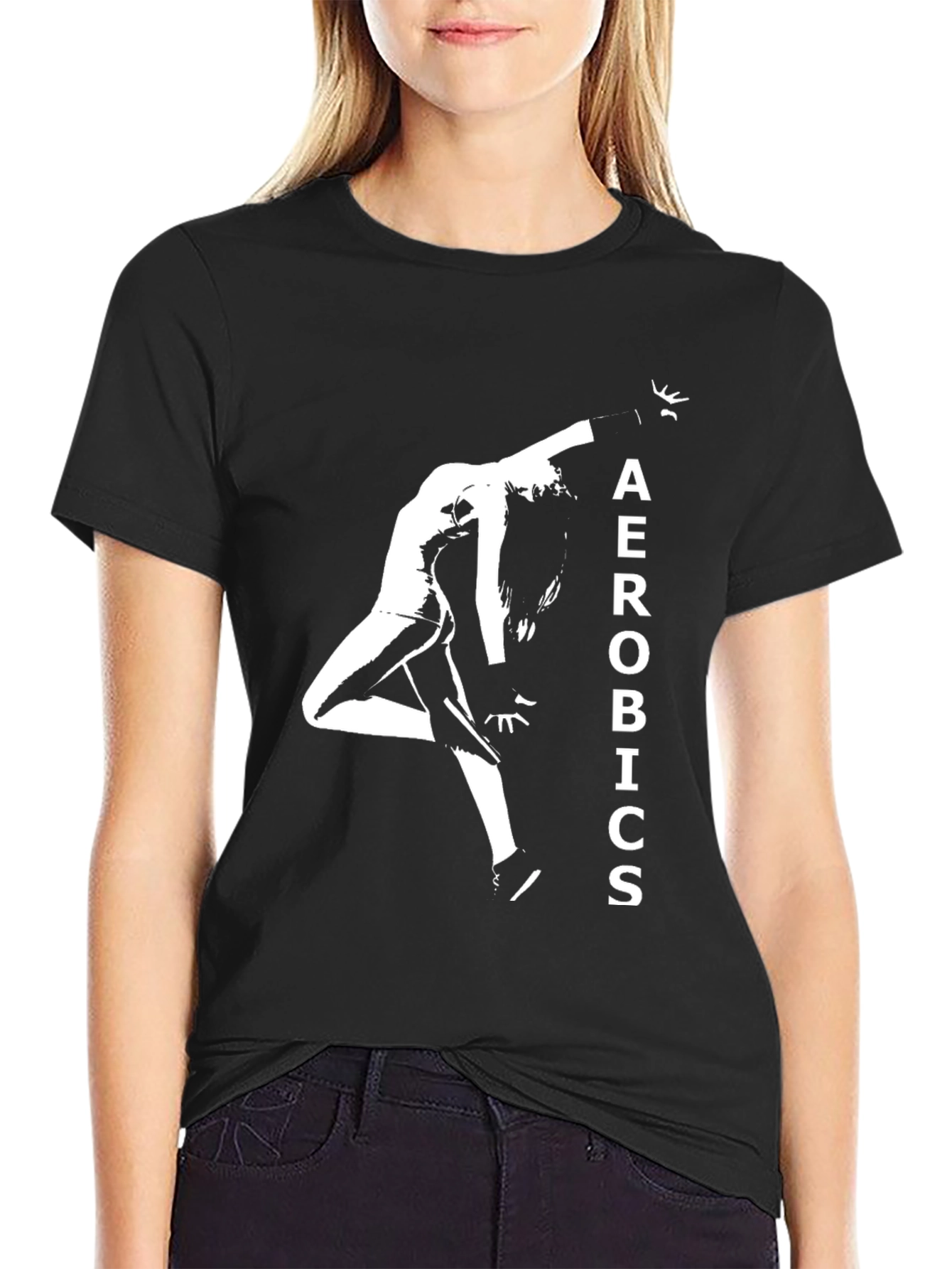 Black Aerobics Graphic Tee - Black Cotton T-Shirt view 2
