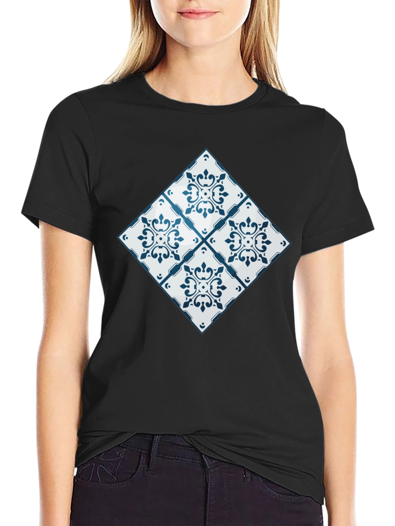 Black Azulejo Tile Pattern Black T-Shirt view 2
