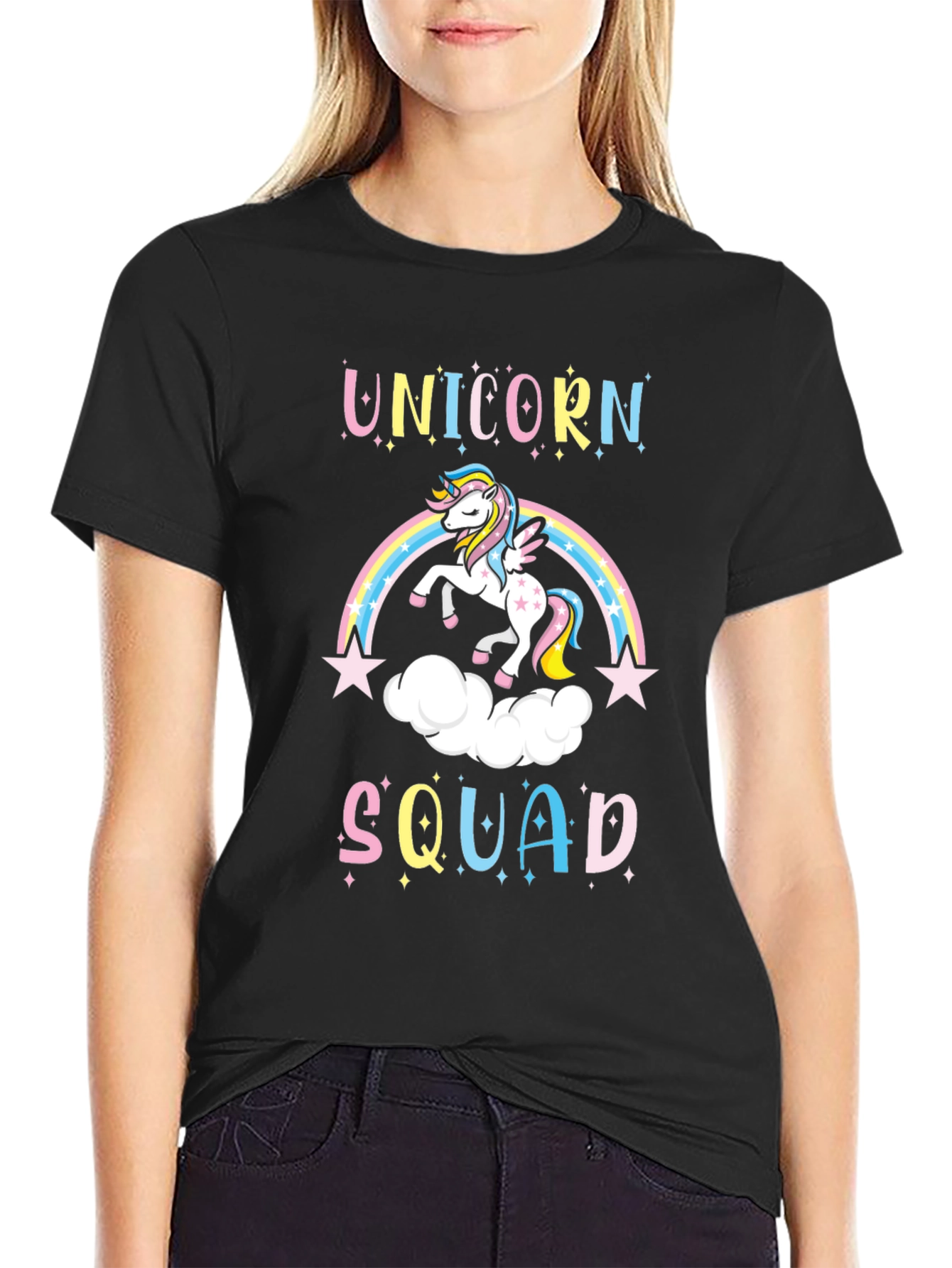 Black Unicorn Squad Black T-Shirt - Magical Rainbow Design view 2